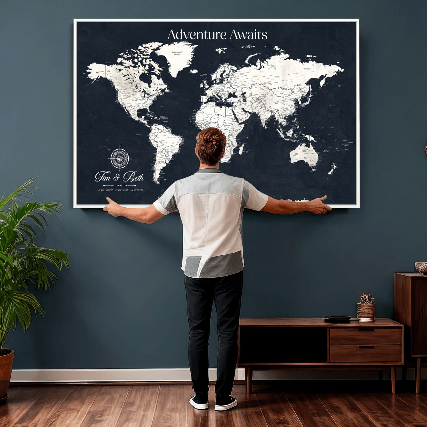 84045875-MGV-CV-36X24 - Custom Push Pin World Map Wall Art Canvas Print – Personalized Travel Tracker with Pins Framed Large for Home and Office Decor