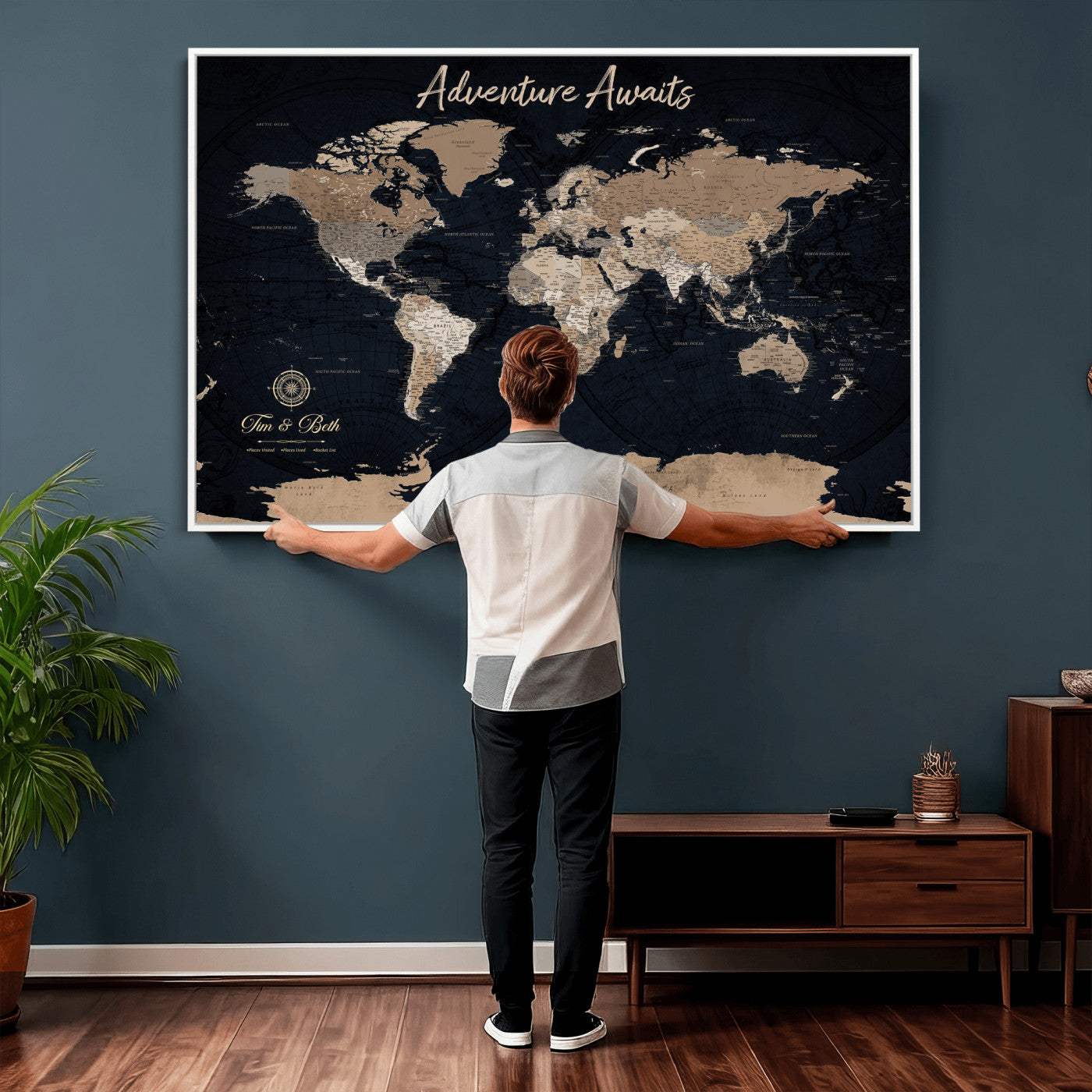 66938317-MGV-CV-36X24 - Custom Push Pin World Map Wall Art Canvas Print – Personalized Travel Tracker with Pins Framed Large for Home and Office Decor