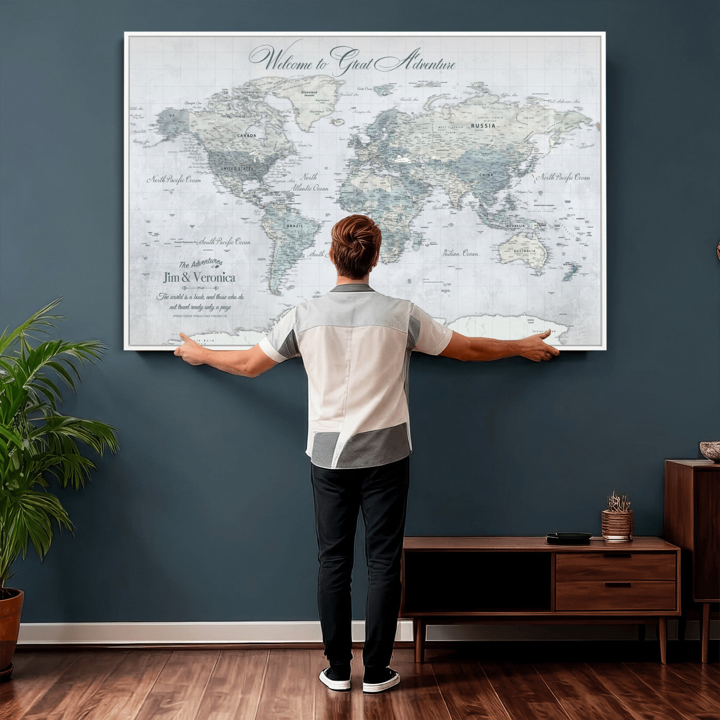 55391088-MGV-CV-36X24 - Custom Push Pin World Map Wall Art Canvas Print – Personalized Travel Tracker with Pins Framed Large for Home and Office Decor