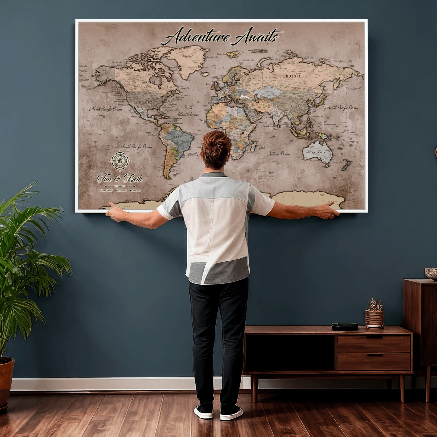 30508877-MGV-CV-36X24 - Custom Push Pin World Map Wall Art Canvas Print – Personalized Travel Tracker with Pins Framed Large for Home and Office Decor