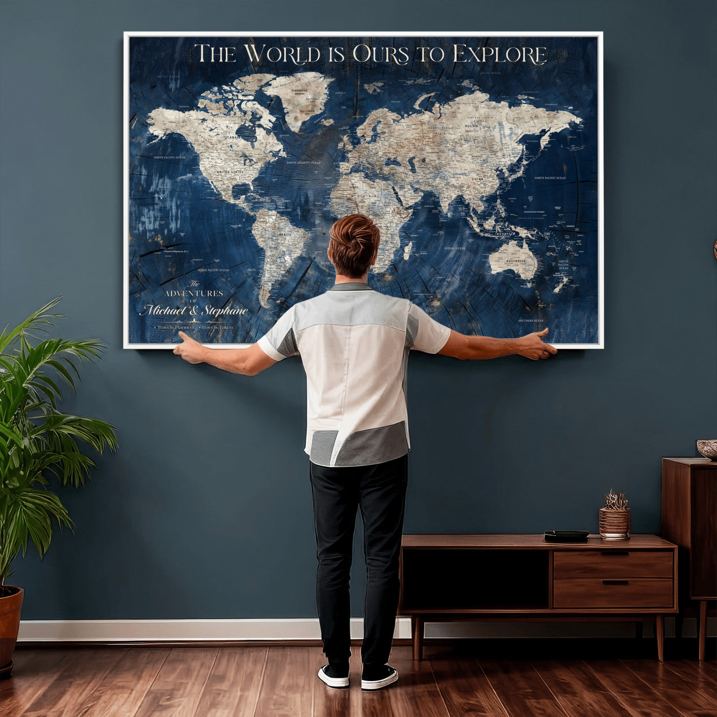 76965912-MGV-CV-36X24 - Custom Push Pin World Map Wall Art Canvas Print – Personalized Travel Tracker with Pins Framed Large for Home and Office Decor