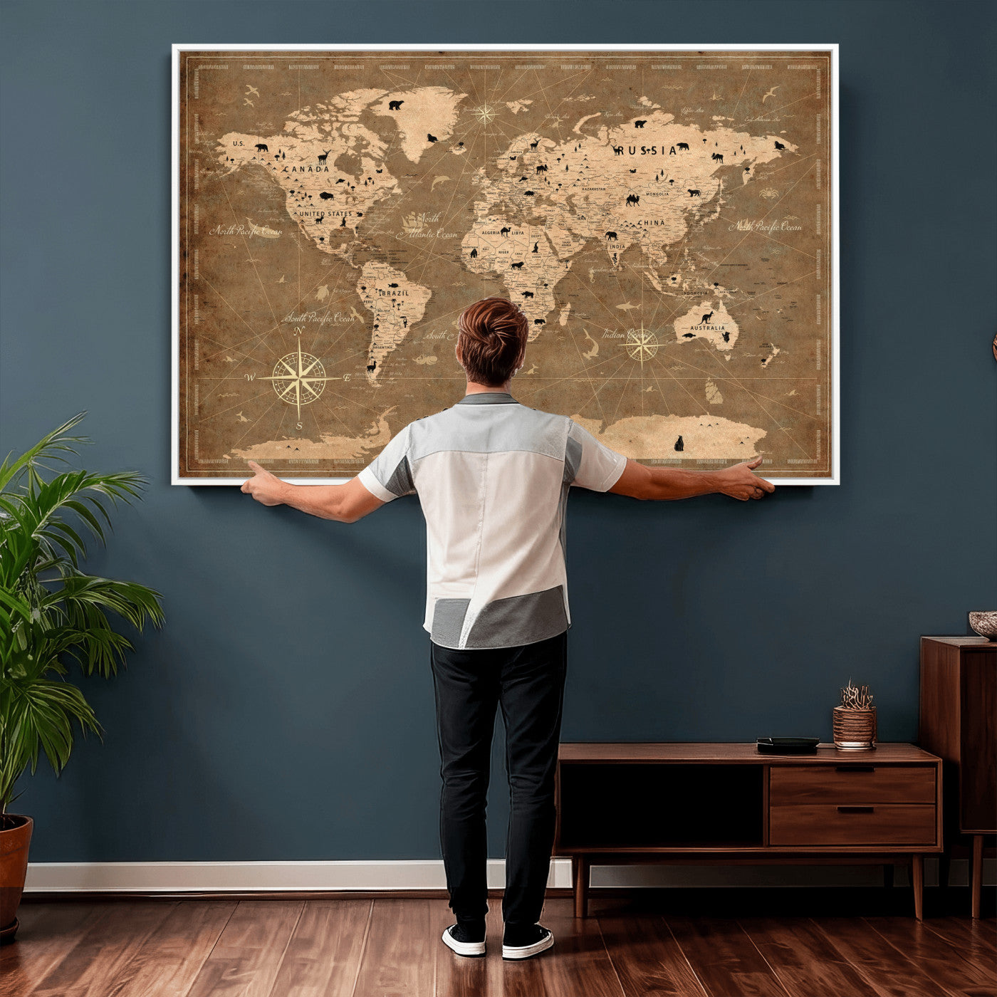 16235283-MGV-CV-36X24 - Custom Push Pin World Map Wall Art Canvas Print – Personalized Travel Tracker with Pins Framed Large for Home and Office Decor