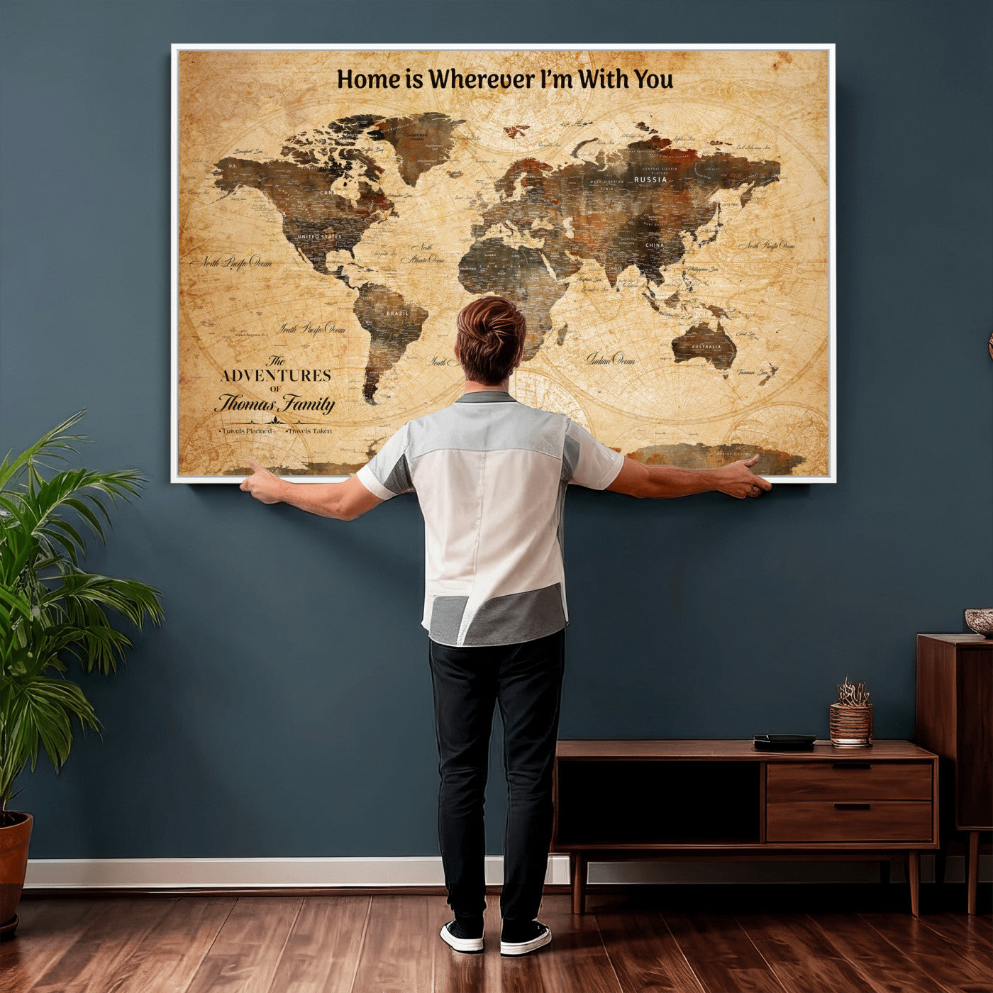 99095125-MGV-CV-36X24 - Custom Push Pin World Map Wall Art Canvas Print – Personalized Travel Tracker with Pins Framed Large for Home and Office Decor