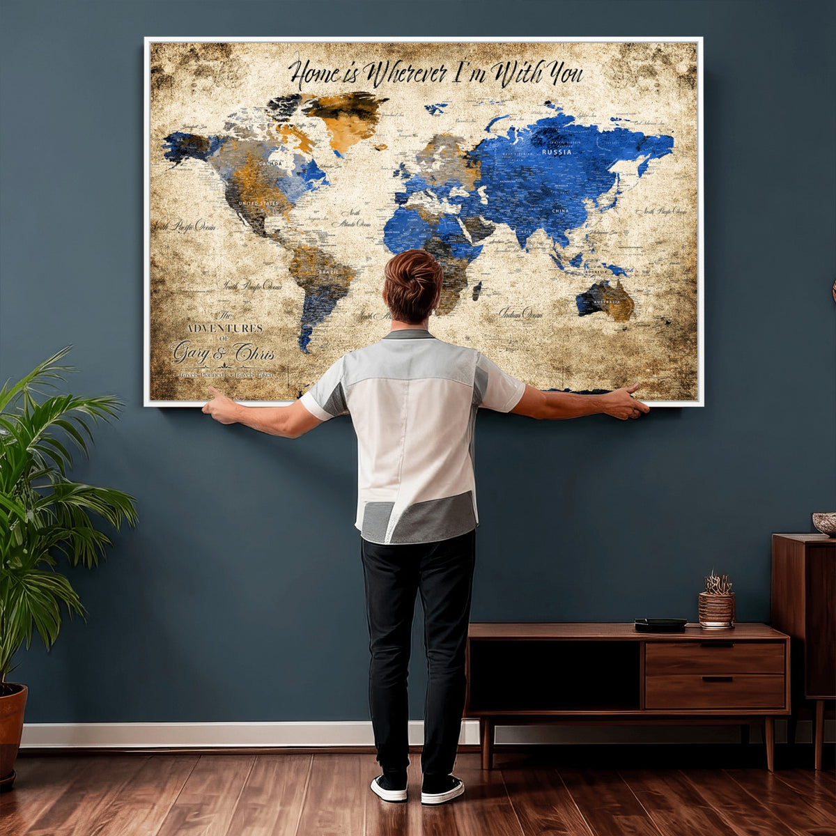 13332533-MGV-CV-36X24 - Personalized Framed Beige World Map Canvas with Push Pins, Honeymoon and Anniversary Gift, Living Room and Home Office Decor