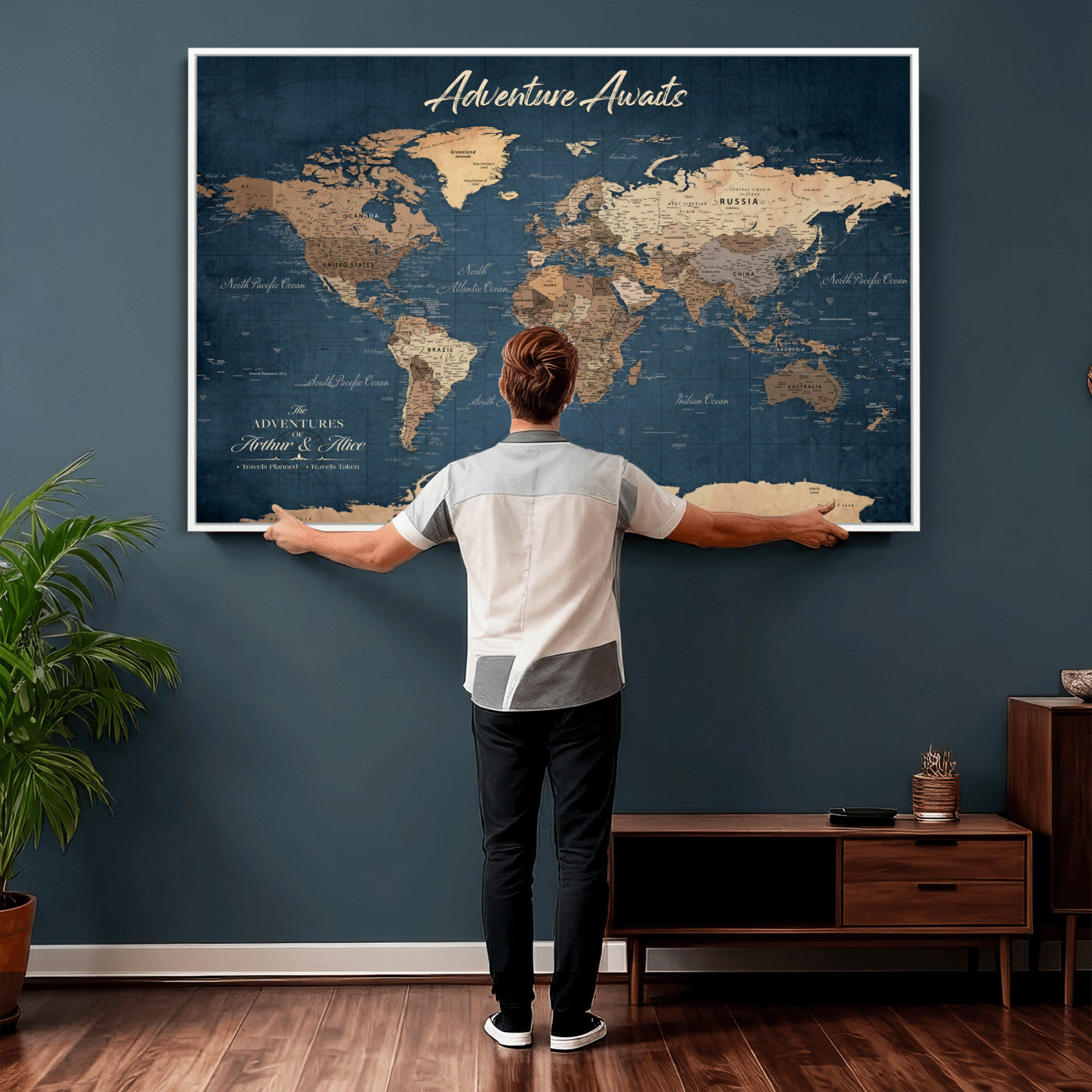 64110391-MGV-CV-36X24 - Custom Push Pin World Map Wall Art Canvas Print – Personalized Travel Tracker with Pins Framed Large for Home and Office Decor