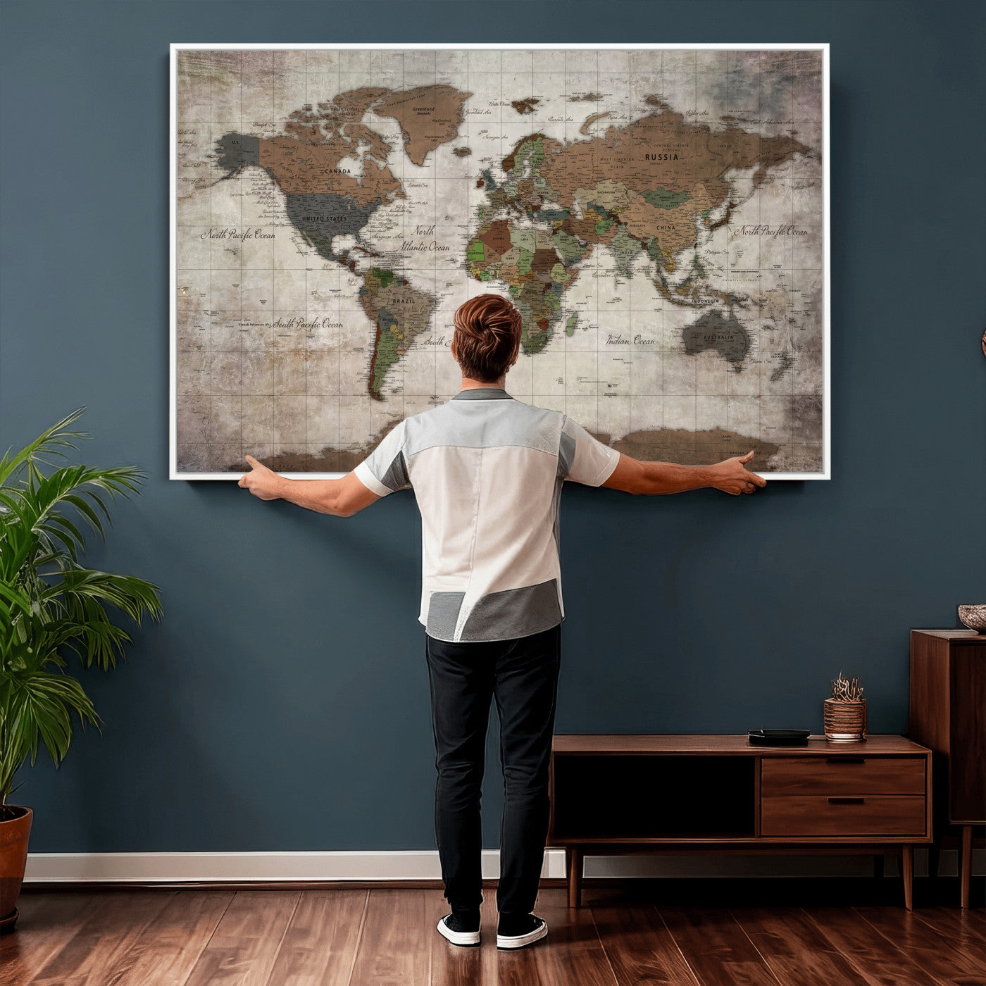 65393892-MGV-CV-36X24 - World Map Wall Art Canvas Print, Modern Decorative Framed Map Artwork Prints for Living Room, Office, Bedroom Wall Decor