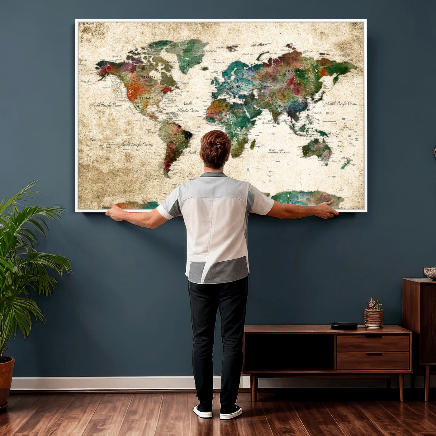 87544591-MGV-CV-36X24 - World Map Wall Art Canvas Print, Modern Decorative Framed Map Artwork Prints for Living Room, Office, Bedroom Wall Decor