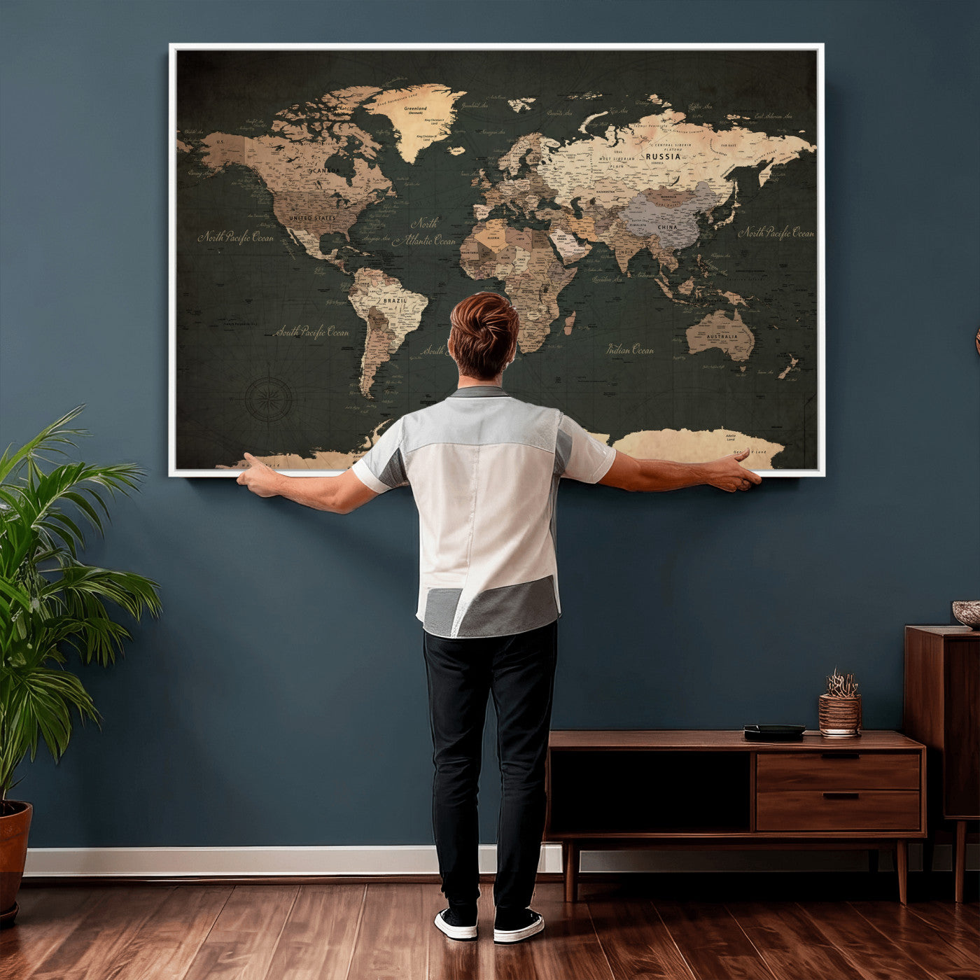 62059333-MGV-CV-36X24 - World Map Wall Art Canvas Print, Modern Decorative Framed Map Artwork Prints for Living Room, Office, Bedroom Wall Decor
