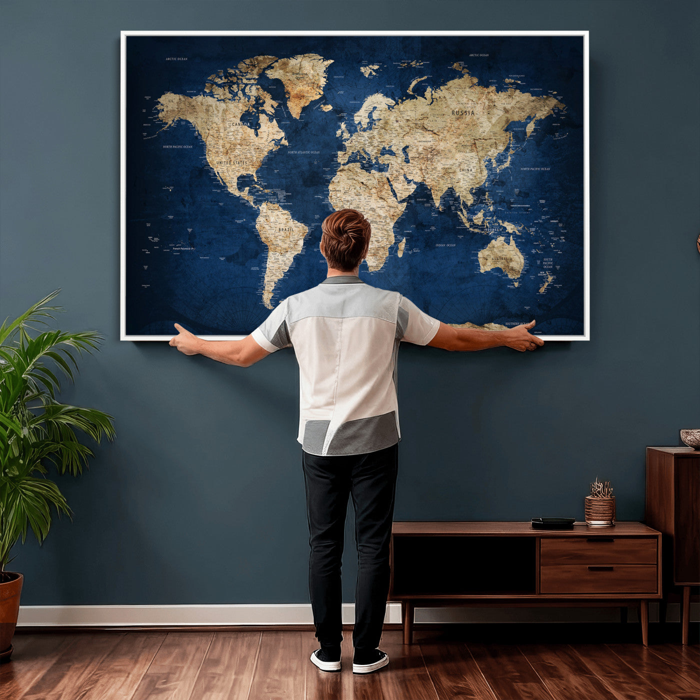 57503519-MGV-CV-36X24 - World Map Wall Art Canvas Print, Modern Decorative Framed Map Artwork Prints for Living Room, Office, Bedroom Wall Decor