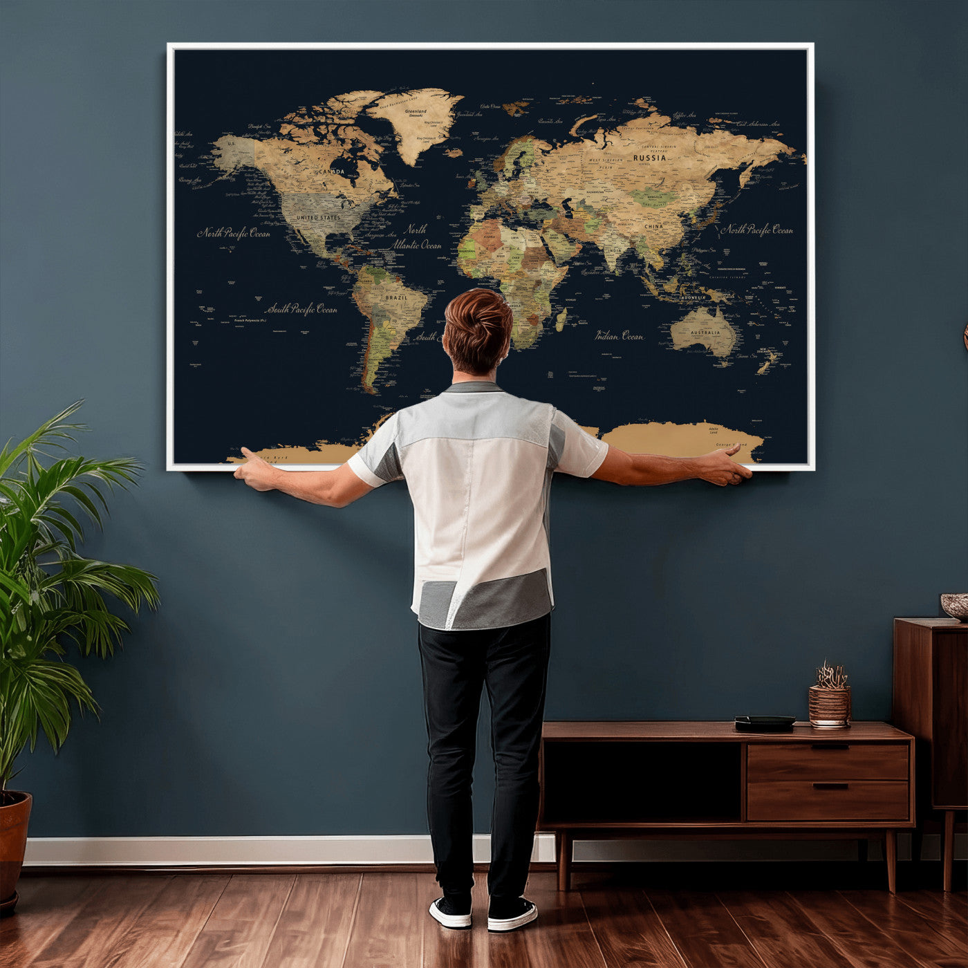 94449133-MGV-CV-36X24 - World Map Wall Art Canvas Print, Modern Decorative Framed Map Artwork Prints for Living Room, Office, Bedroom Wall Decor