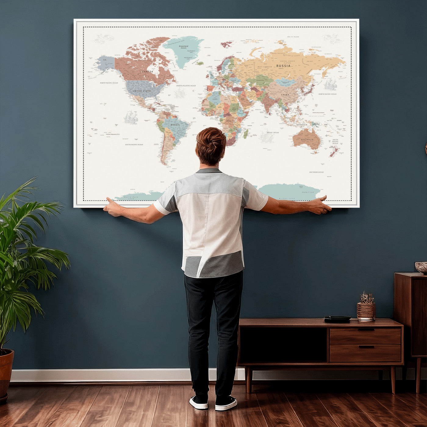 63447567-MGV-CV-36X24 - World Map Wall Art Canvas Print, Modern Decorative Framed Map Artwork Prints for Living Room, Office, Bedroom Wall Decor