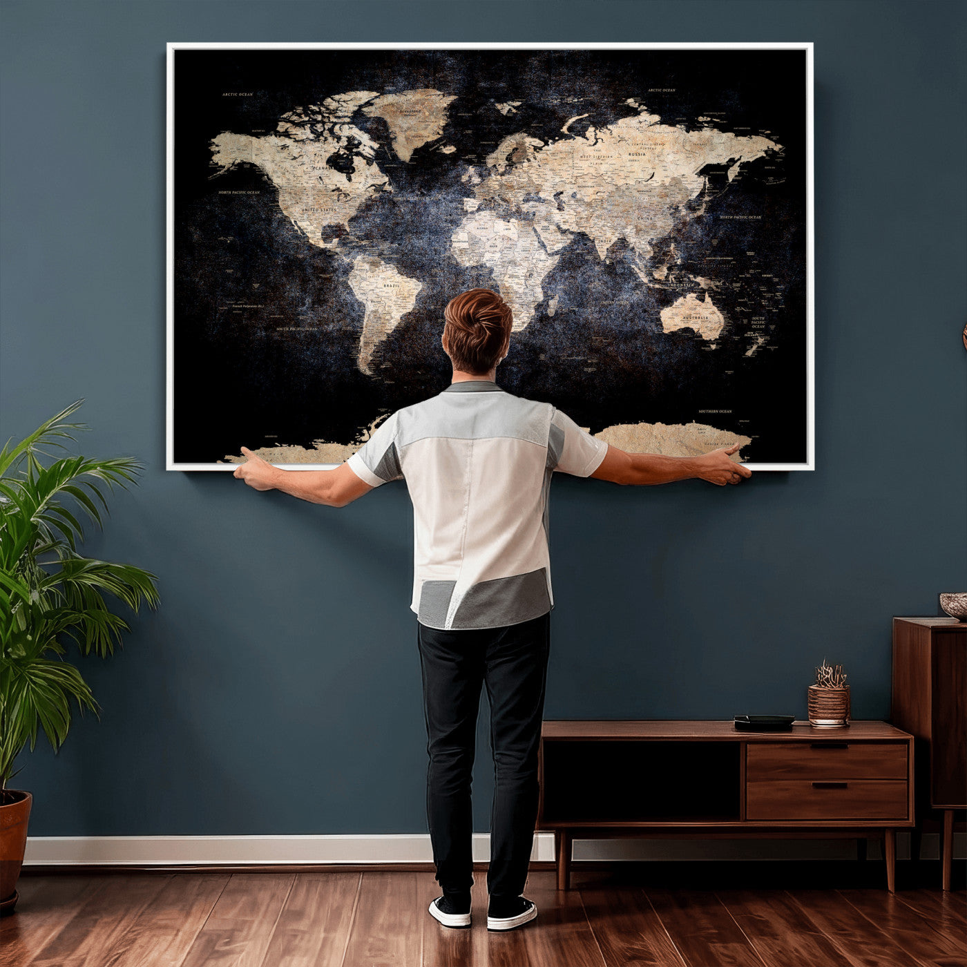 56713386-MGV-CV-36X24 - World Map Wall Art Canvas Print, Modern Decorative Framed Map Artwork Prints for Living Room, Office, Bedroom Wall Decor