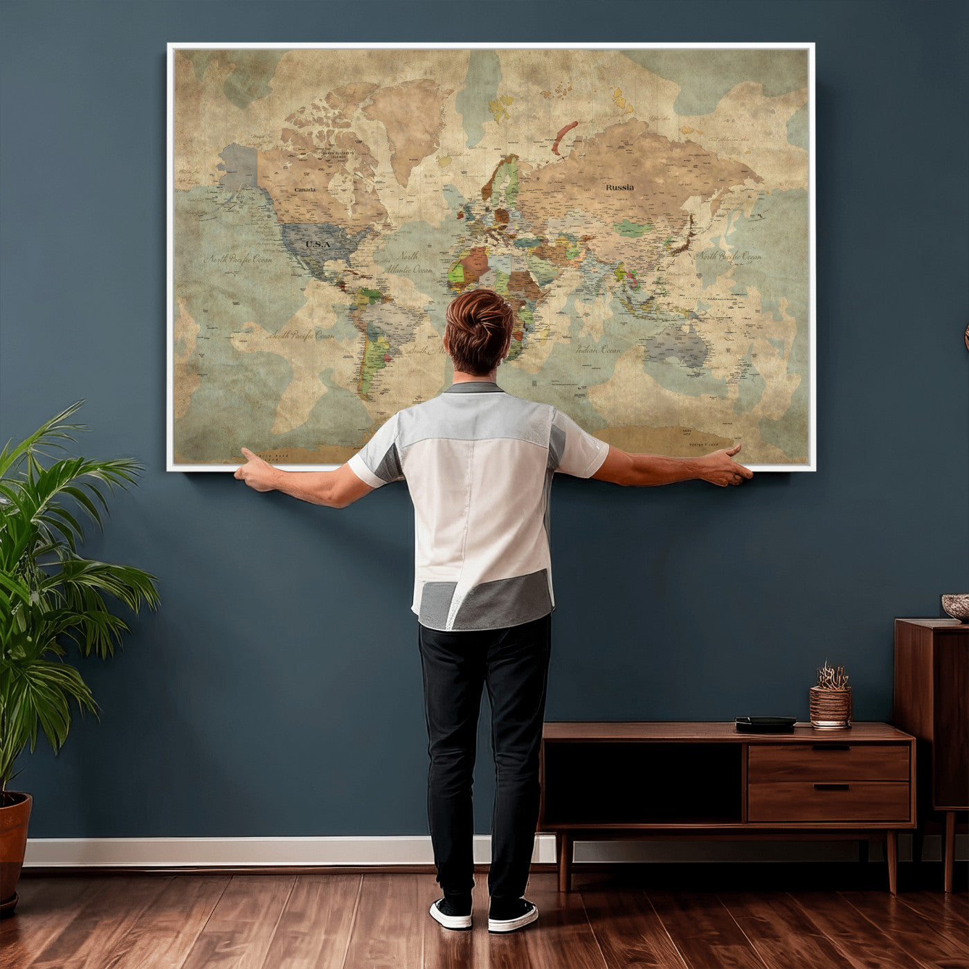 31492148-MGV-CV-36X24 - World Map Wall Art Canvas Print, Modern Decorative Framed Map Artwork Prints for Living Room, Office, Bedroom Wall Decor