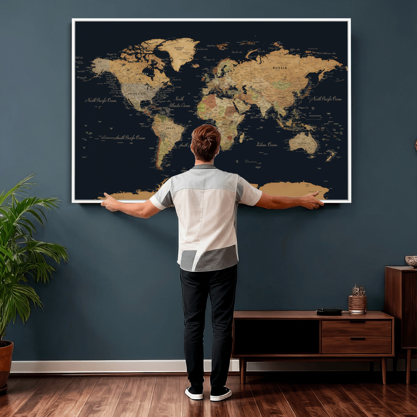 36916368-MGV-CV-36X24 - World Map Wall Art Canvas Print, Modern Decorative Framed Map Artwork Prints for Living Room, Office, Bedroom Wall Decor