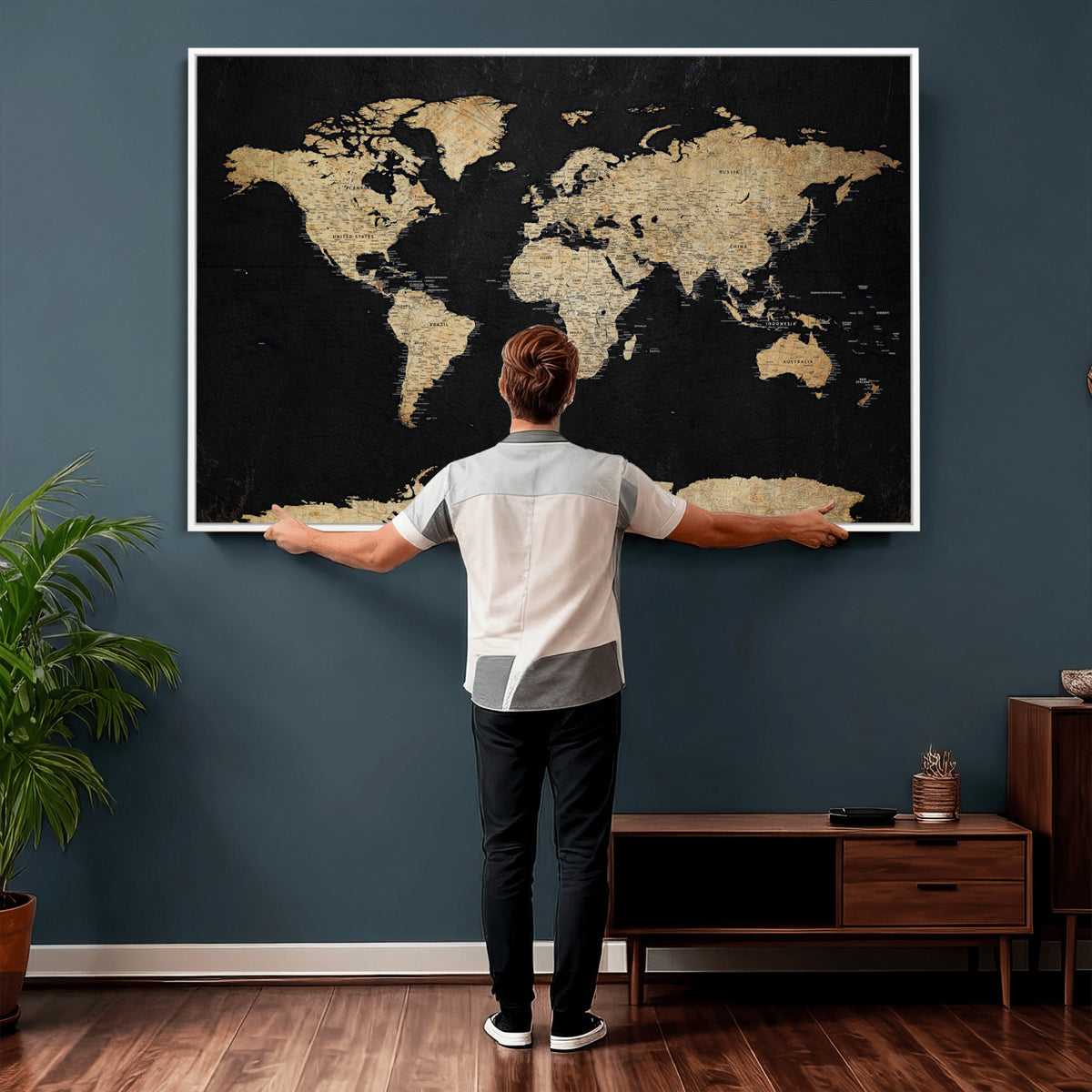 71518849-MGV-CV-36X24 - Beige World Map Canvas Wall Art Print, Minimal Black and