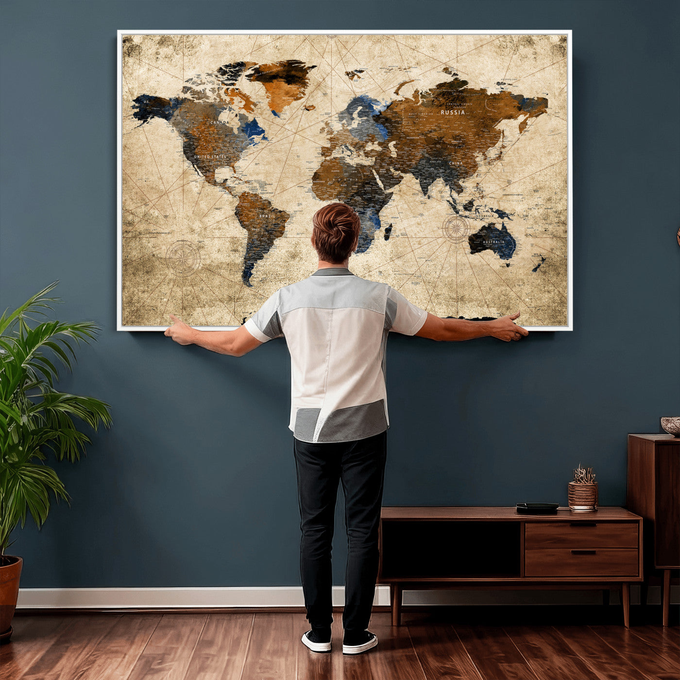 27163414-MGV-CV-36X24 - World Map Wall Art – Rustic Earth Tone Canvas Print, Antique Travel Map Design for Living Room, Office or Study, Classic Adventure Decor