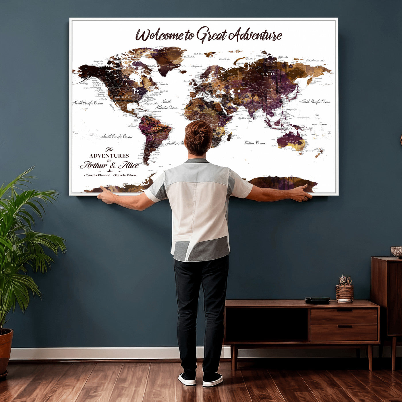 64110391125-MGV-CV-36X24 - Custom Push Pin World Map Wall Art Canvas Print – Personalized Travel Tracker with Pins Framed Large for Home and Office Decor
