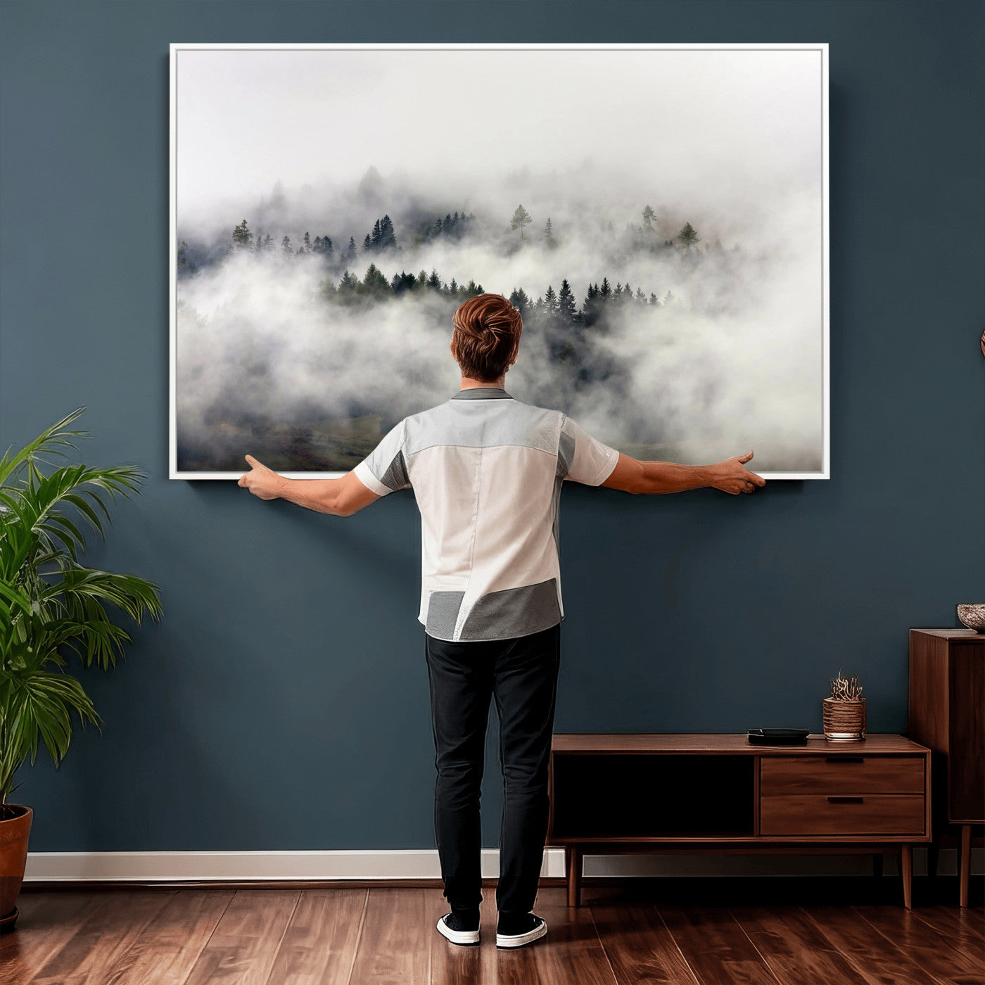 63235457-MGV-CV-36X24 - Foggy Forest Wall Art Canvas Print, Misty Pine Tree Landscape Wall Art Print, Framed Wall Art Ready to Hang