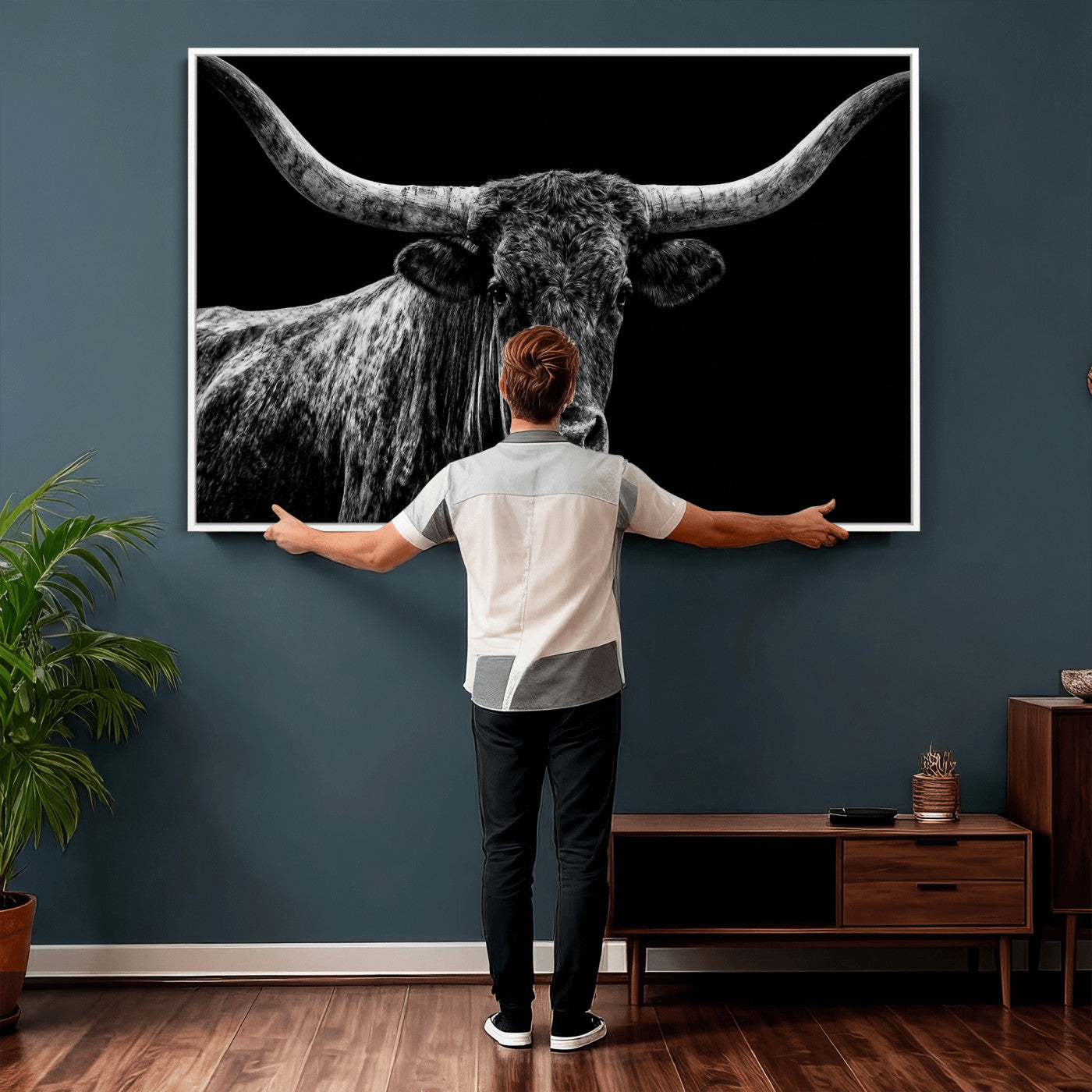 86568508-MGV-CV-36X24 - Vintage Texas Longhorn Bull Wall Art Canvas Print, Texas Cow Portrait Print, Framed Bull Wall Art Ready to Hang