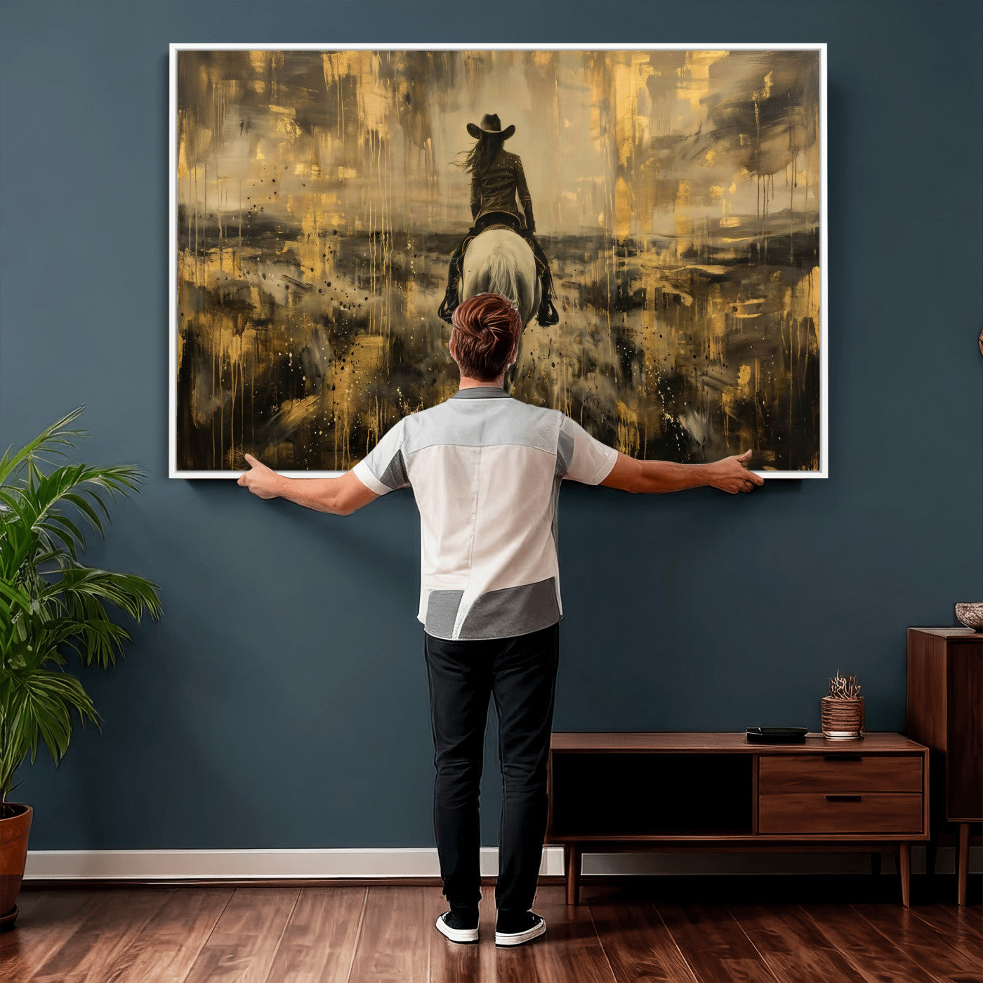 20465530-MGV-CV-36X24 - Cowgirl Wall Art Canvas Print, Western Horse Rider Wall Art, Framed Wall Art Ready to Hang