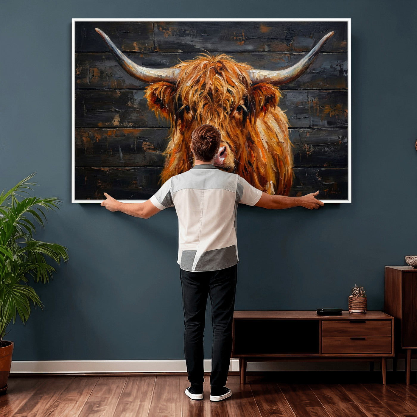 32536611-MGV-CV-36X24 - Highland Cow Wall Art Canvas Print, Rustic Farm Animal Painting, Framed Wall Art Ready to Hang