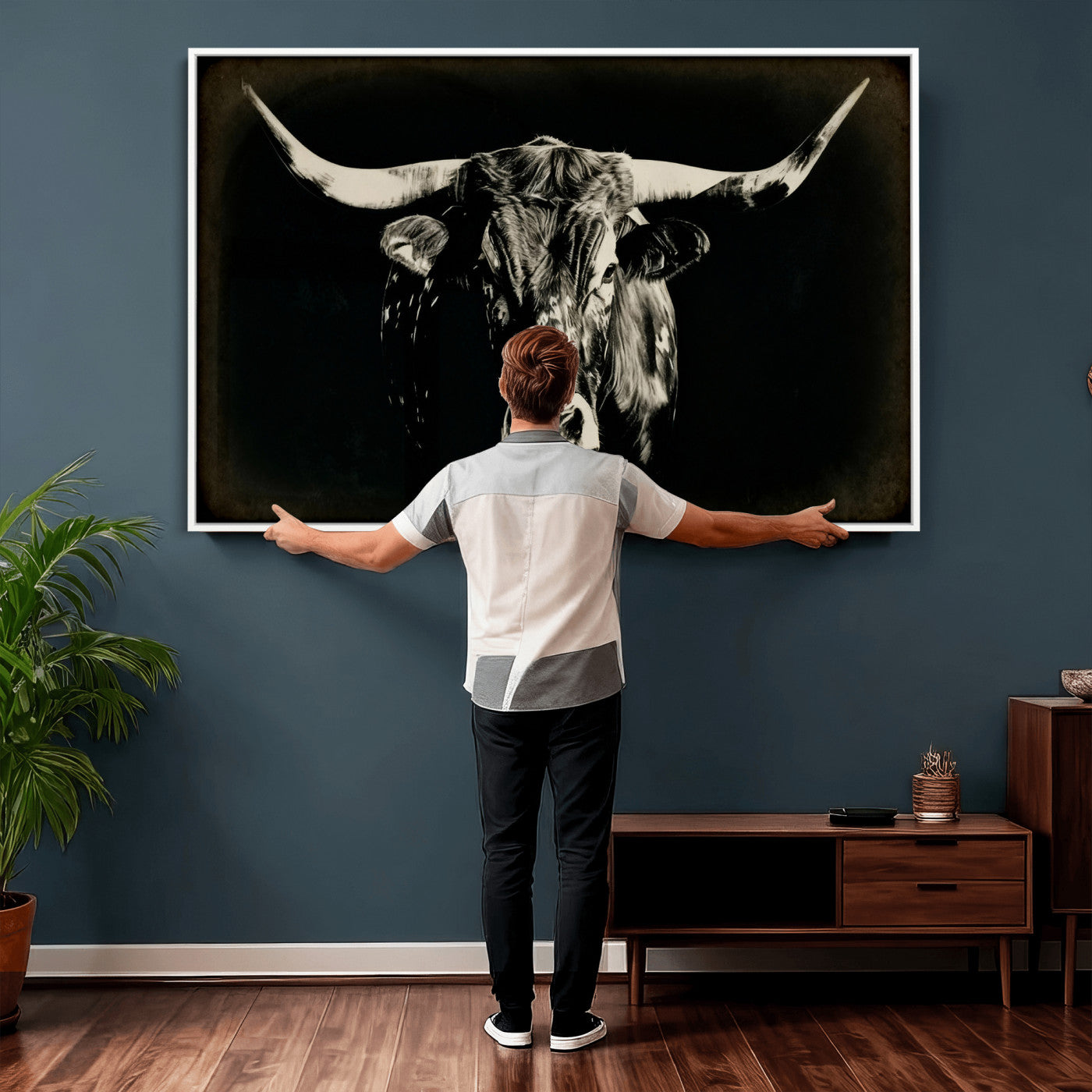 91364114-MGV-CV-36X24 - Black Bull Wall Art Canvas Print, Texas Longhorn Portrait Print, Framed Wall Art Ready to Hang