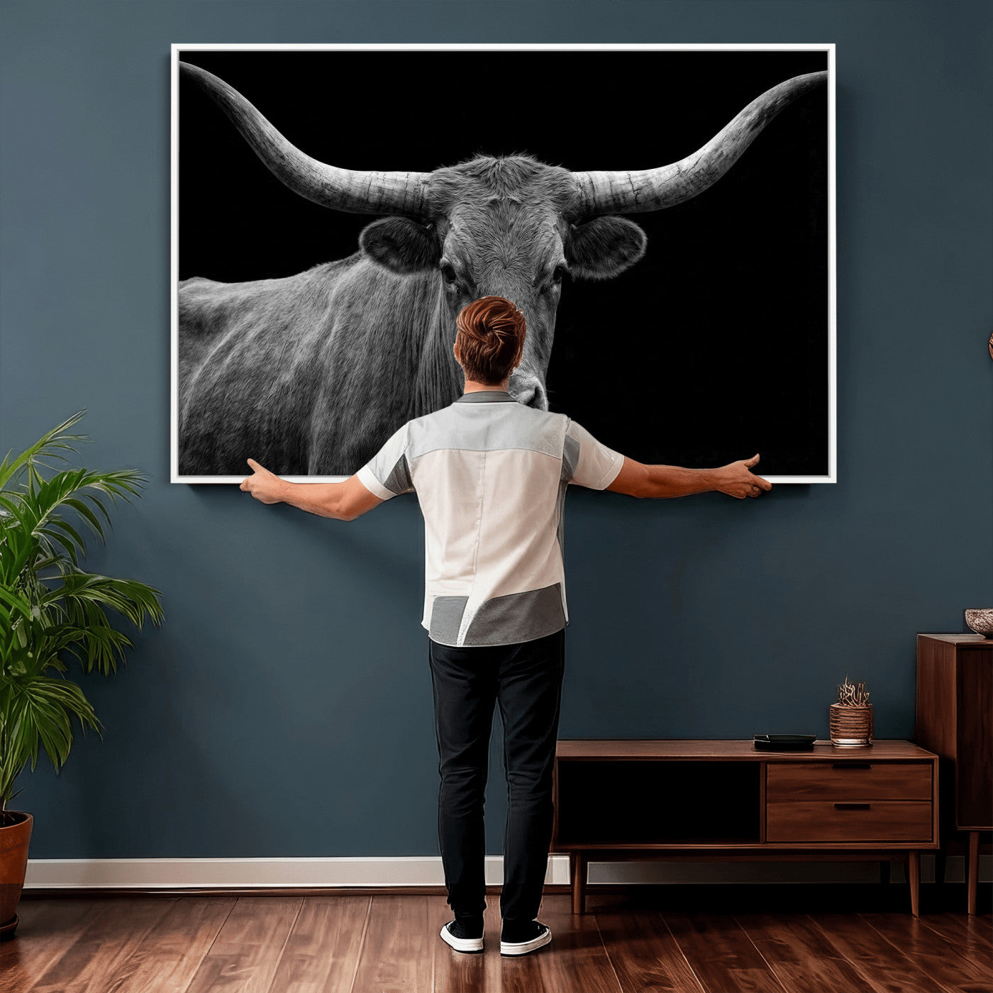 32601430-MGV-CV-36X24 - Texas Longhorn Bull Wall Art Canvas Print, Cow Portrait Photography, Framed Wall Art Ready to Hang