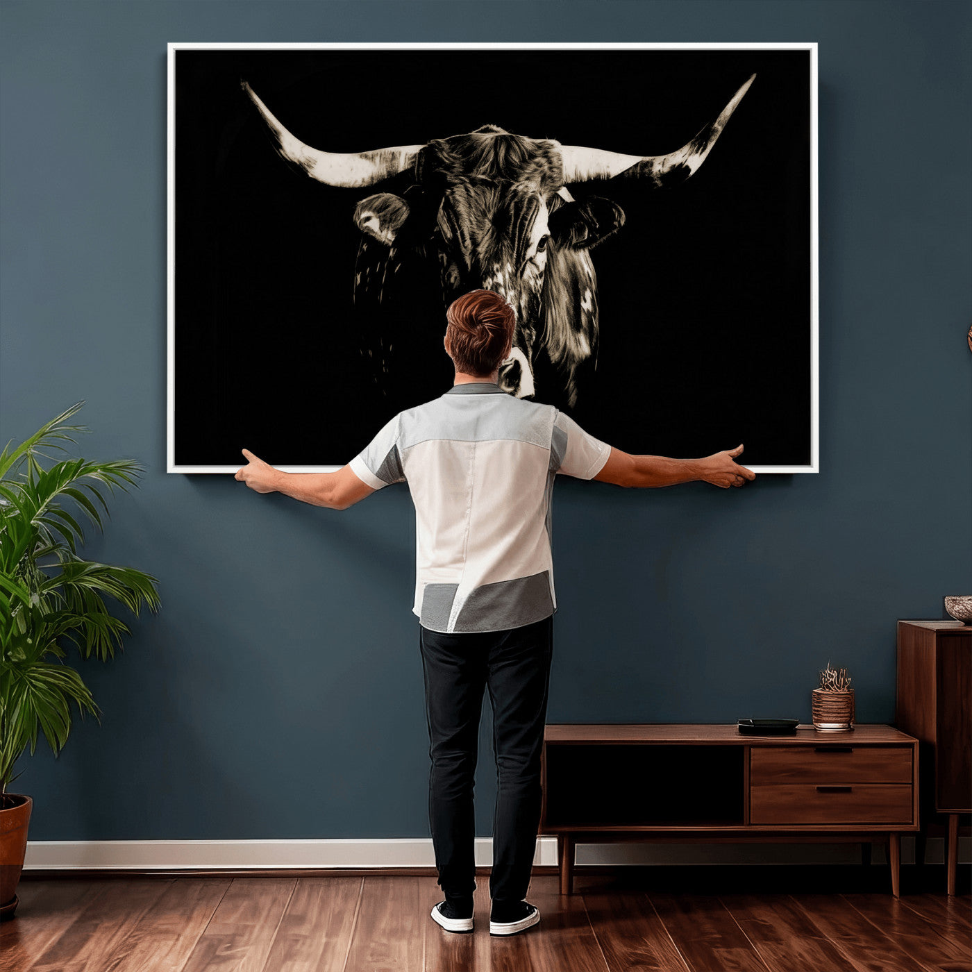 75774468-MGV-CV-36X24 - Black Bull Wall Art Canvas Print, Dark Longhorn Portrait Photography, Framed Wall Art Ready to Hang