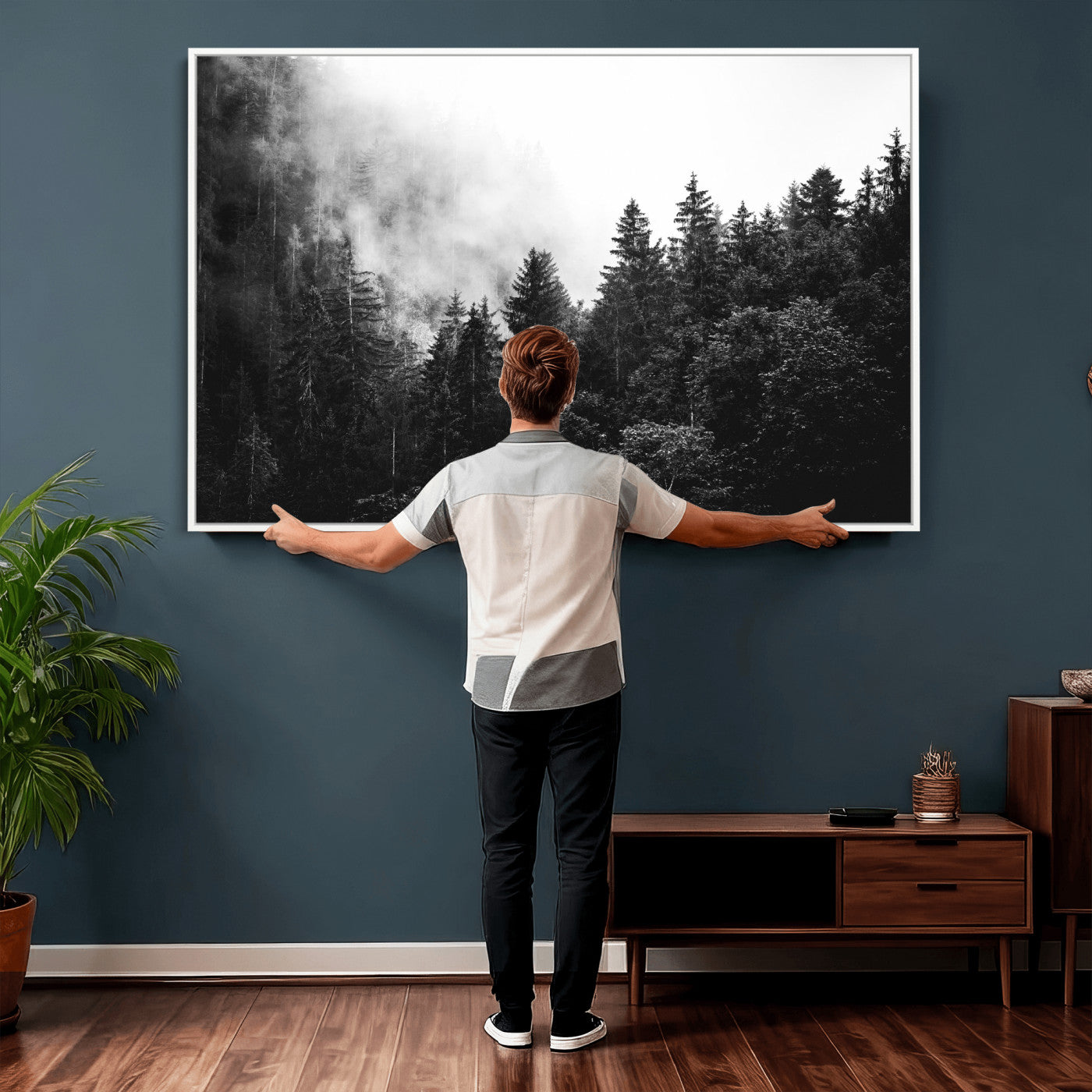 98764151-MGV-CV-36X24 - Black and White Forest Wall Art Canvas Print, Misty Pine Tree Landscape Photography, Framed Wall Art Ready to Hang