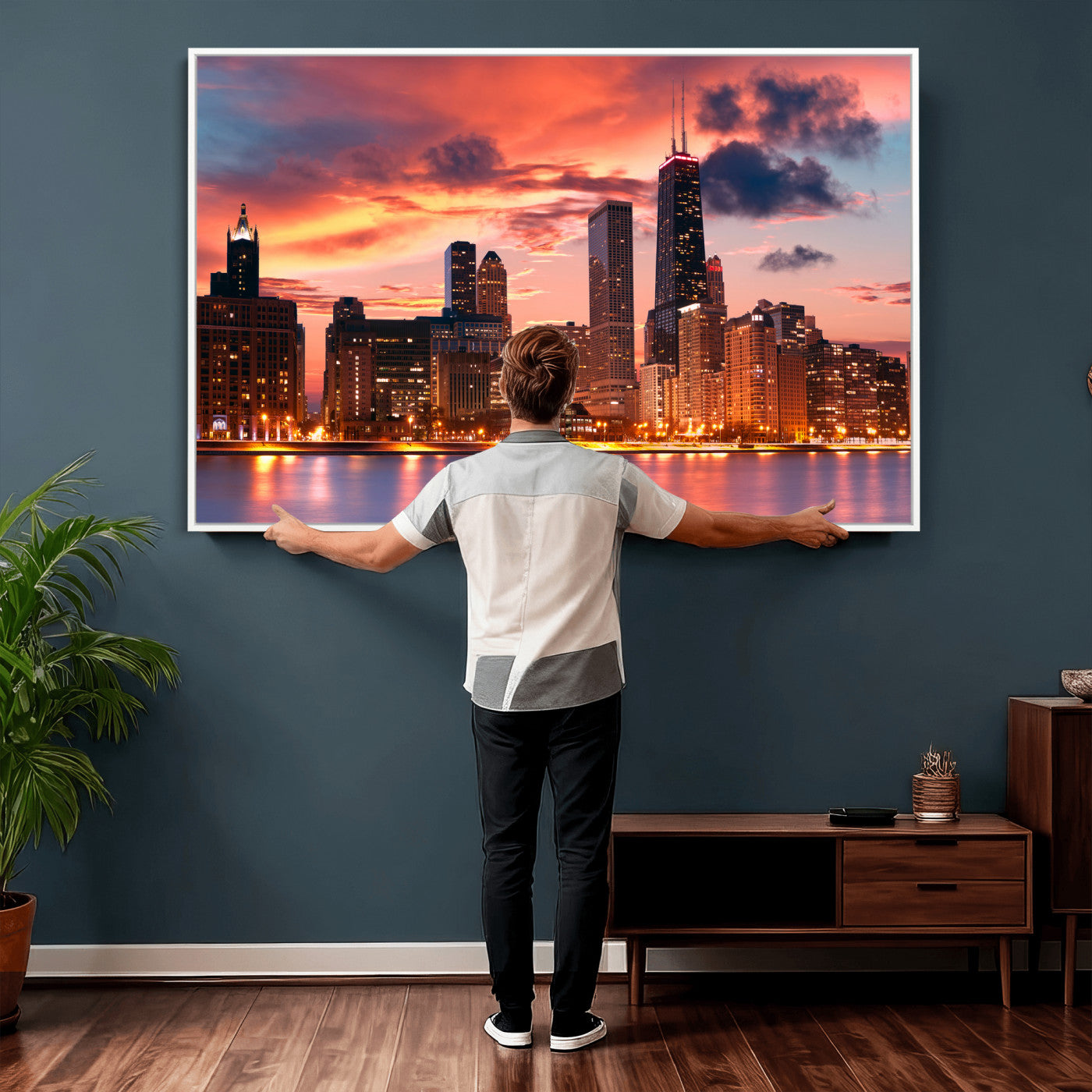80390109-MGV-CV-36X24 - Chicago Wall Art Canvas Print, Chicago City Downtown Night Cityscape Print for Modern Urban Wall Decor