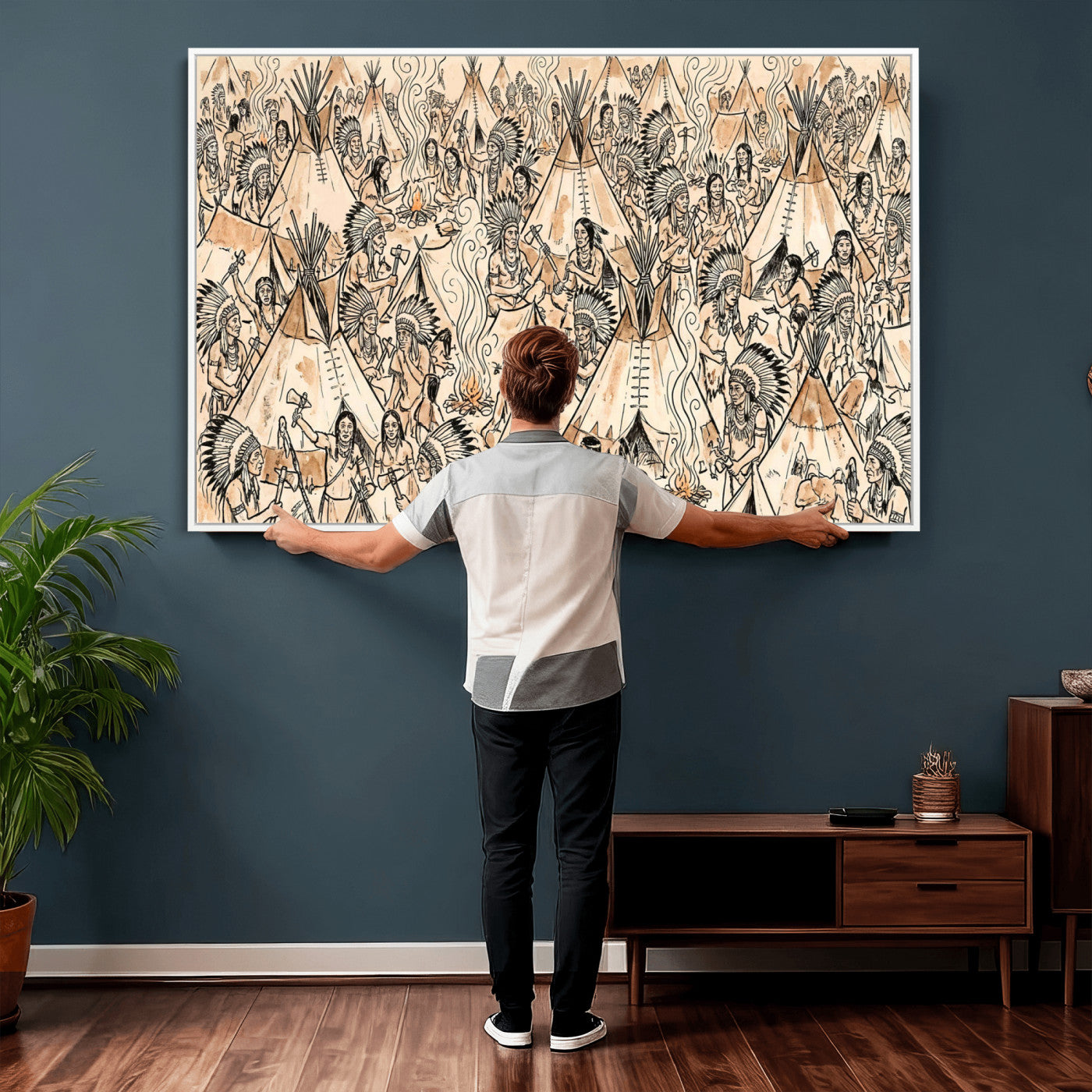 72739176-MGV-CV-36X24 - Farmhouse Animals Wall Art Canvas Print - Abstract Farm Animal Drawing Mid-Century Wall Art for Cabin Decor