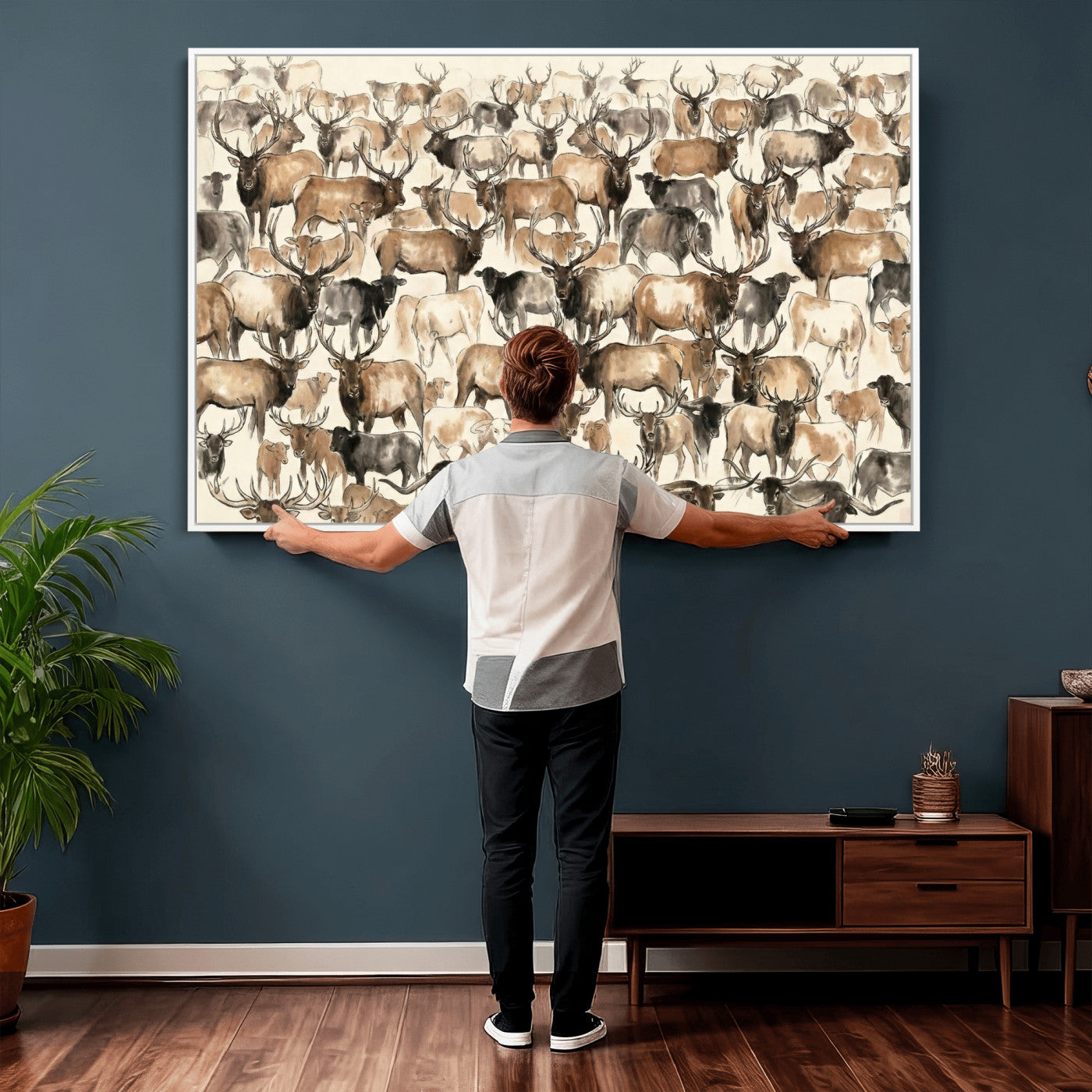 24374881-MGV-CV-36X24 - Farmhouse Animals Wall Art Canvas Print - Abstract Farm Animal Drawing Mid-Century Wall Art for Cabin Decor