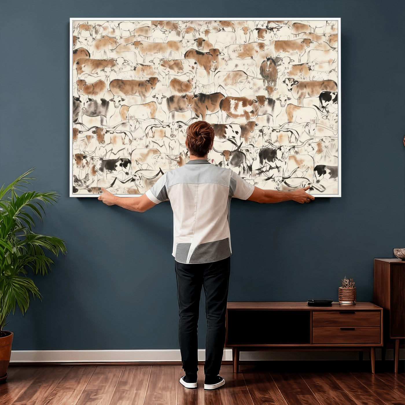 69961368-MGV-CV-36X24 - Farmhouse Animals Wall Art Canvas Print - Abstract Farm Animal Drawing Mid-Century Wall Art for Cabin Decor