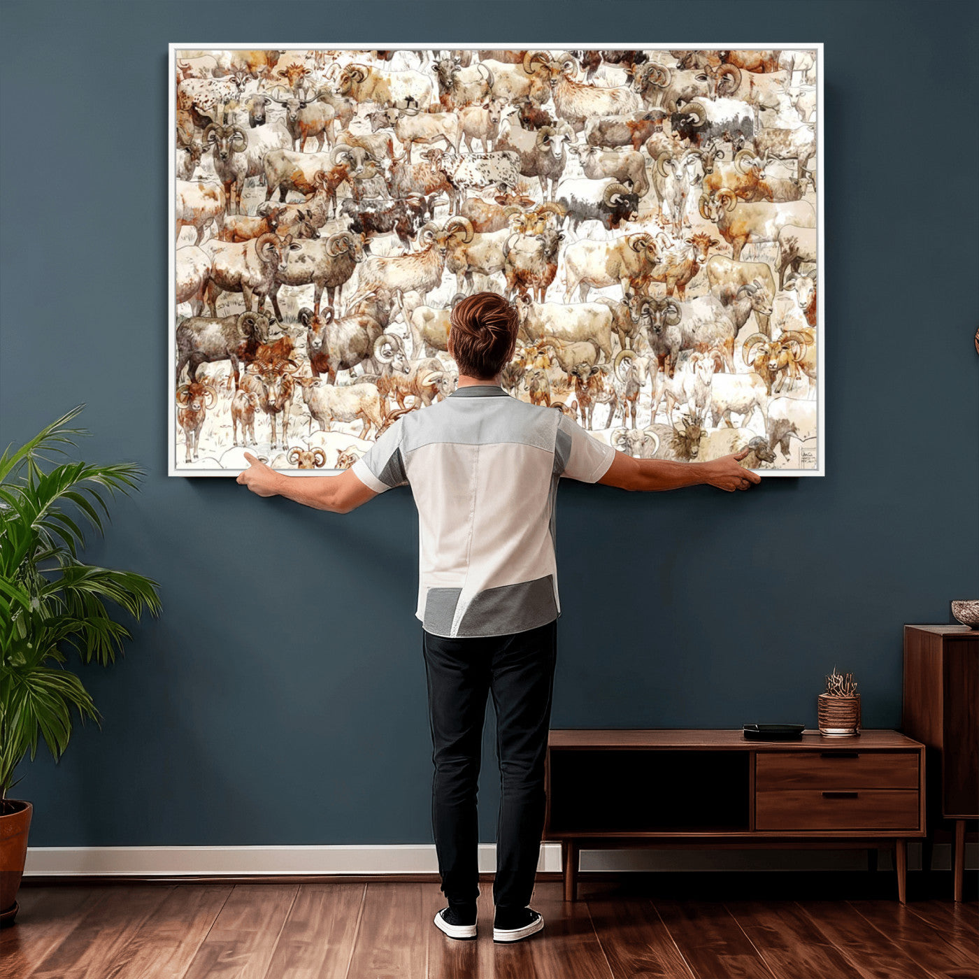 95103864-MGV-CV-36X24 - Farmhouse Animals Wall Art Canvas Print - Abstract Farm Animal Drawing Mid-Century Wall Art for Cabin Decor