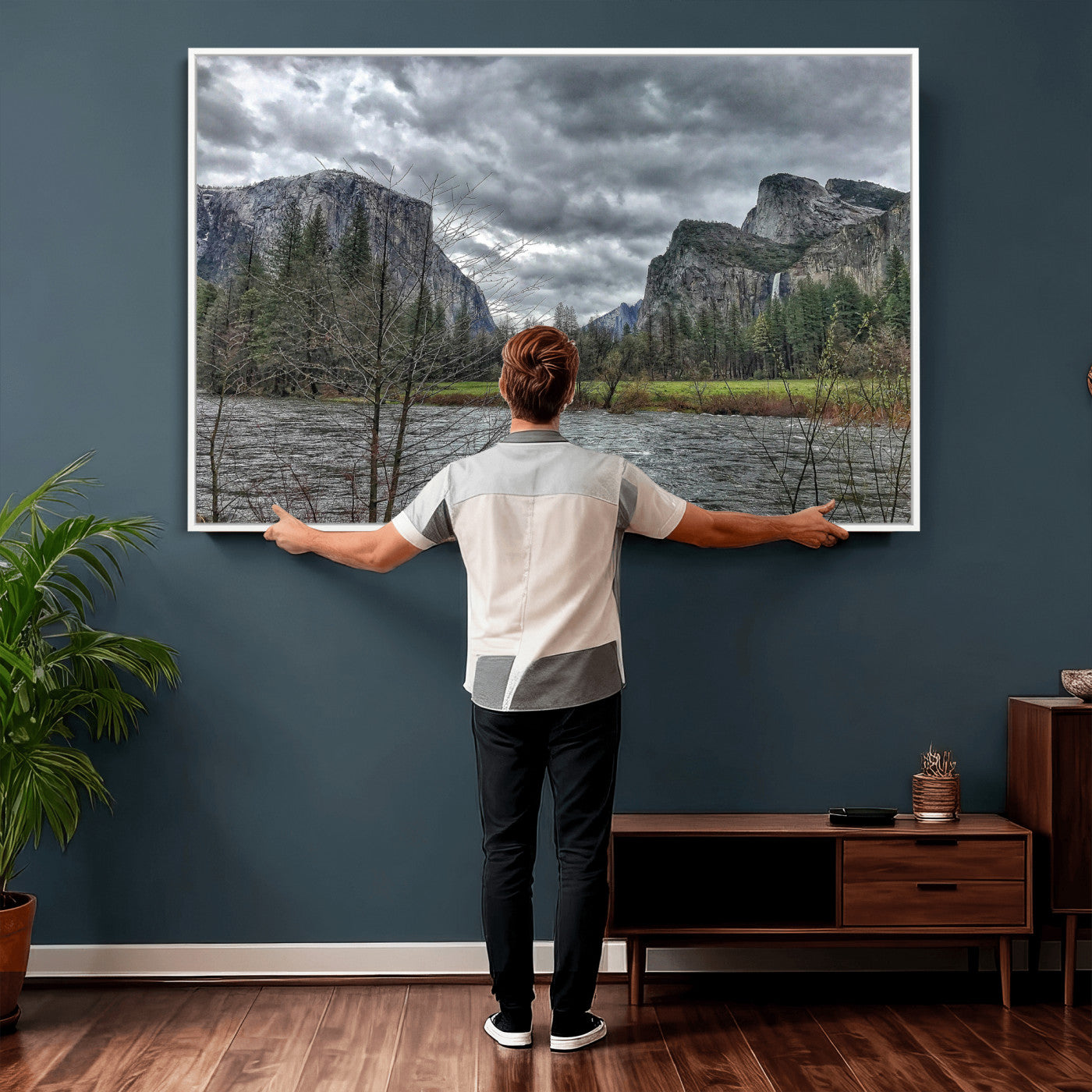 75582552-MGV-CV-36X24 - Yosemite Valley River Landscape Wall Art Canvas Print, Granite Cliffs Forest River Canvas Print, California National Park Moody Scenic Art Printi