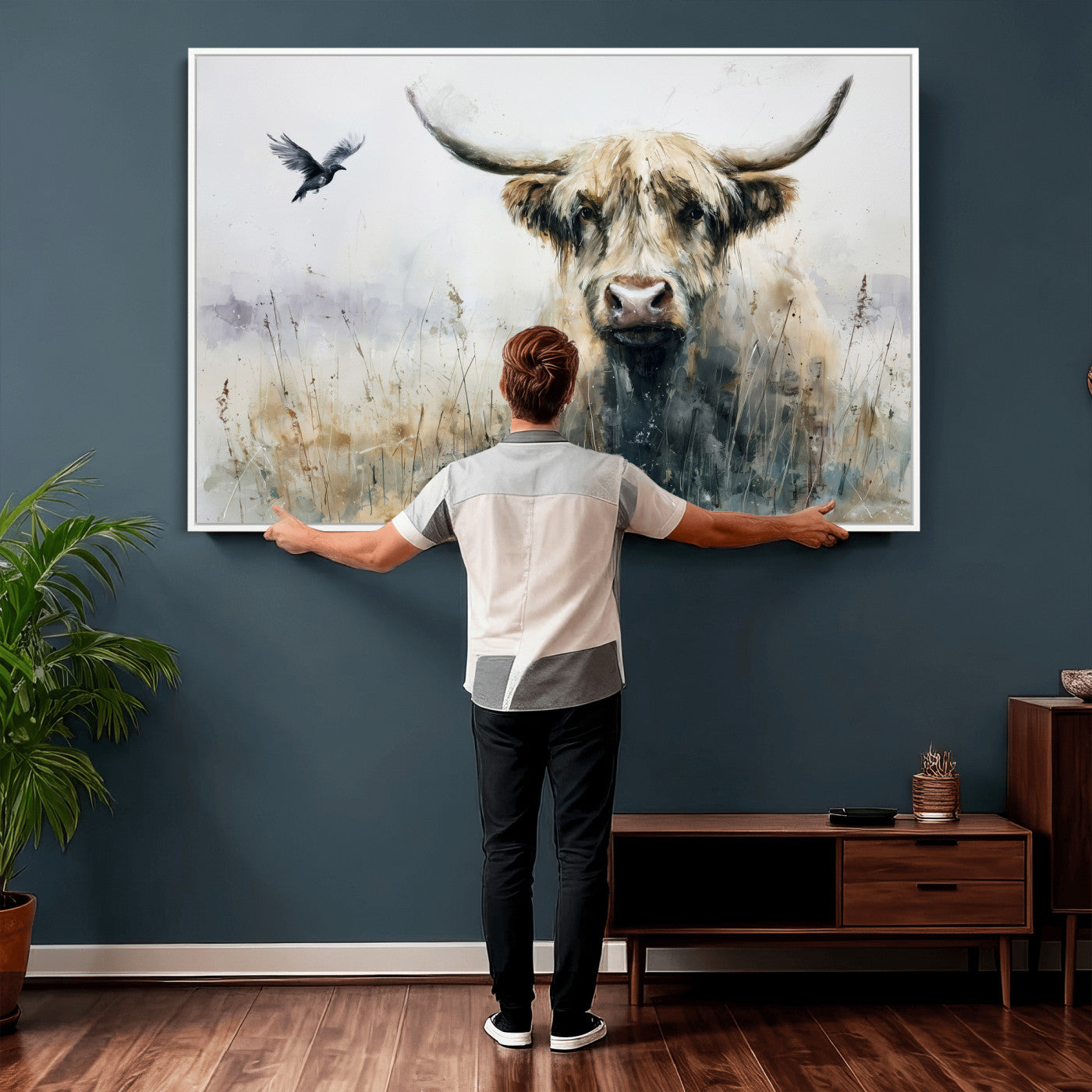 55652651-MGV-CV-36X24 - Abstract Highland Cow Watercolor Animal Wall Art Canvas Print, Rustic Farm Cattle Portrait Canvas Print, Neutral Wildlife Farmhouse Art Printing