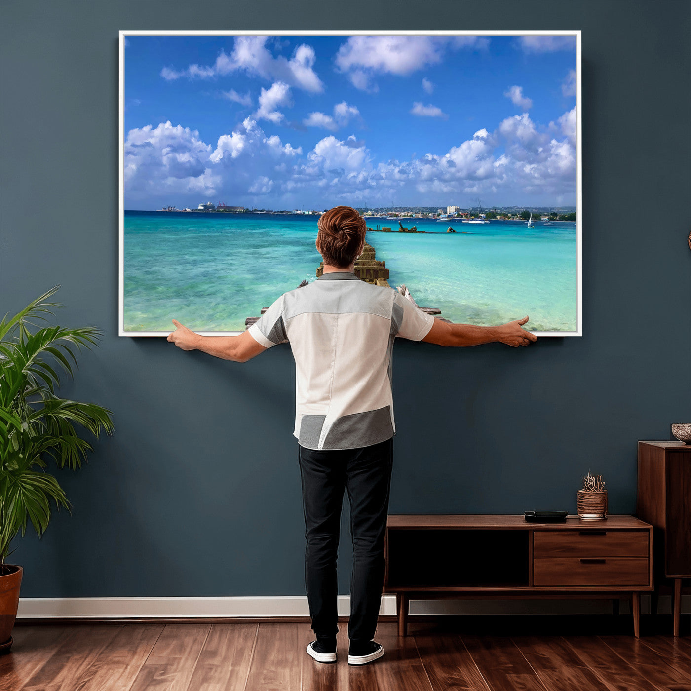 43165024-MGV-CV-36X24 - Caribbean Ocean Pier Seascape Wall Art Canvas Print, Turquoise Sea Tropical Harbor Canvas Print, Island Coastal Blue Water Scenic Art Printing
