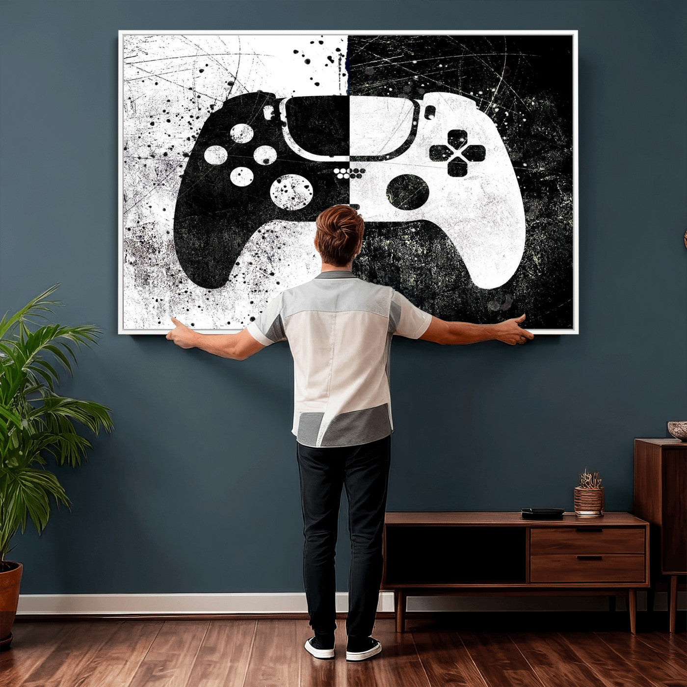 17525128-MGV-CV-36X24 - Abstract Gaming Controller Wall Art Canvas Print, Black White Video Game Controller Modern Canvas Print, Minimal Gamer Graphic Art Printing
