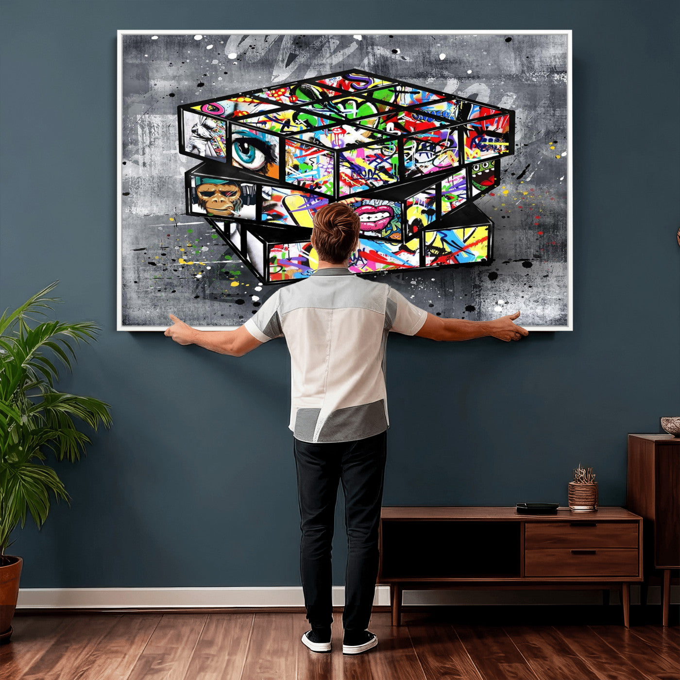 46789556-MGV-CV-36X24 - Graffiti Cube Abstract Street Art Wall Art Canvas Print, Colorful Urban Pop Art Geometric Canvas Print, Modern Street Art Contemporary Art Printing
