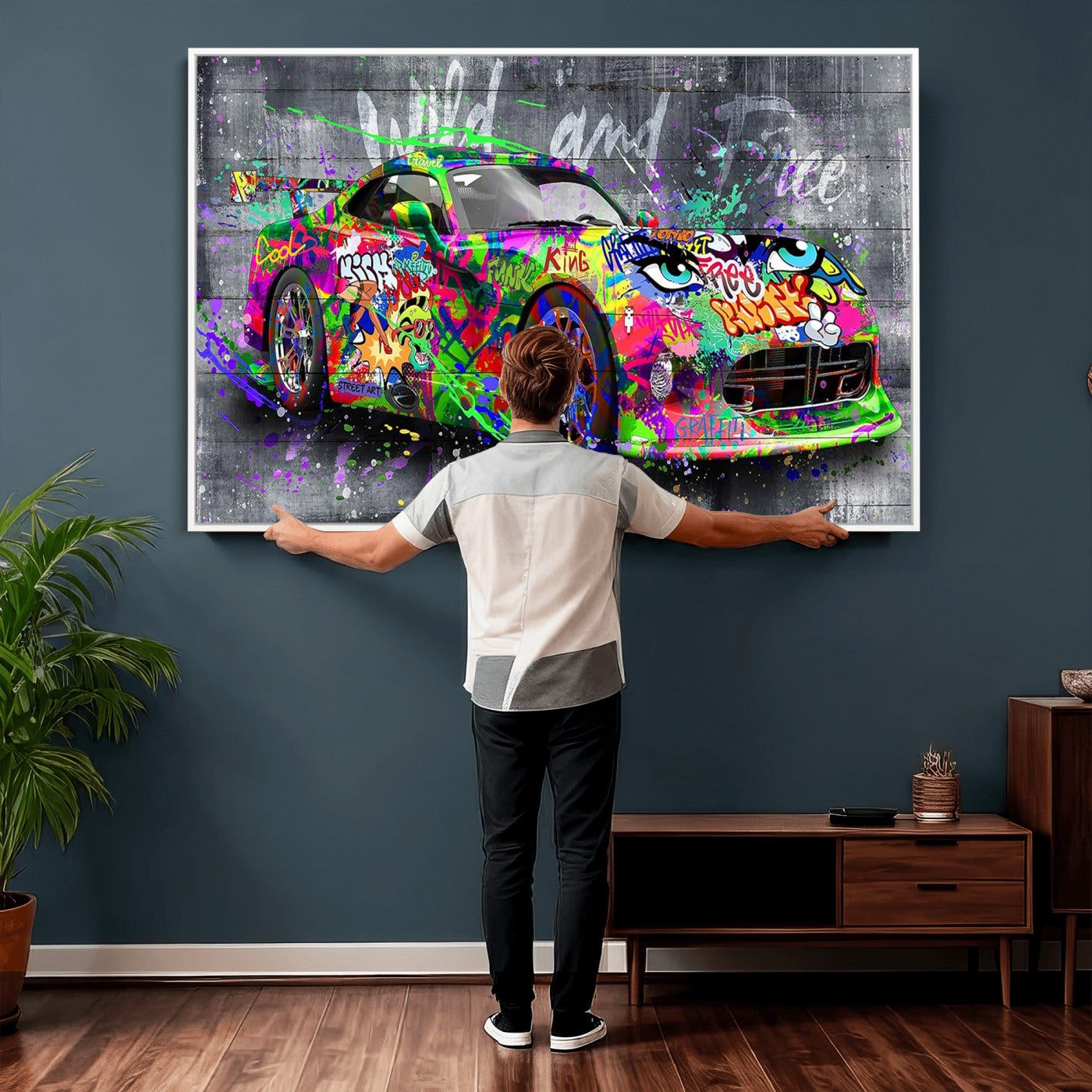 95314968-MGV-CV-36X24 - Graffiti Sports Car Street Art Wall Art Canvas Print, Colorful Urban Supercar Pop Art Canvas Print, Modern Graffiti Car Contemporary Art Printing