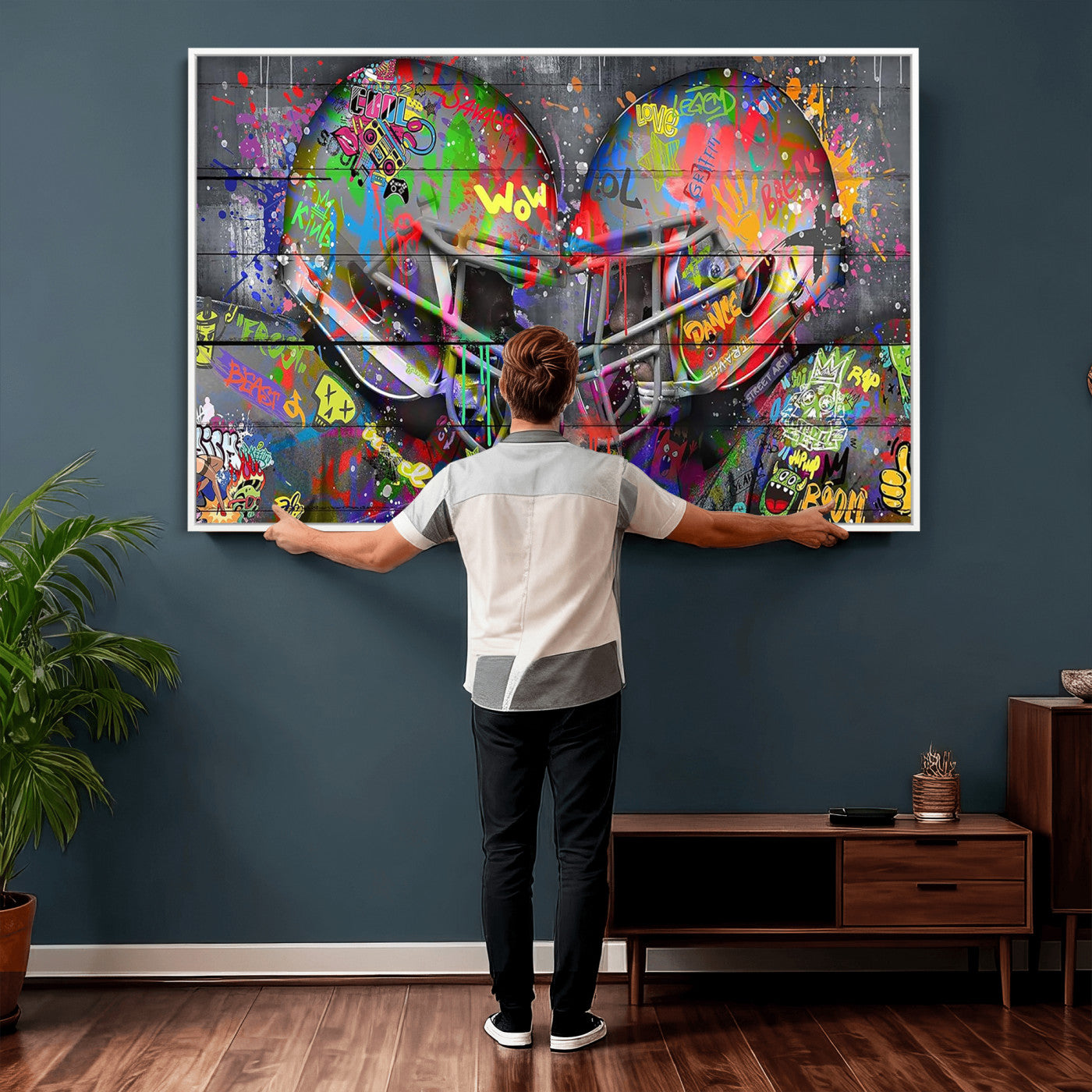 15309853-MGV-CV-36X24 - Graffiti Football Helmets Wall Art Canvas Print, Urban Street Art Sports Decor, Colorful American Football Graffiti Artwork