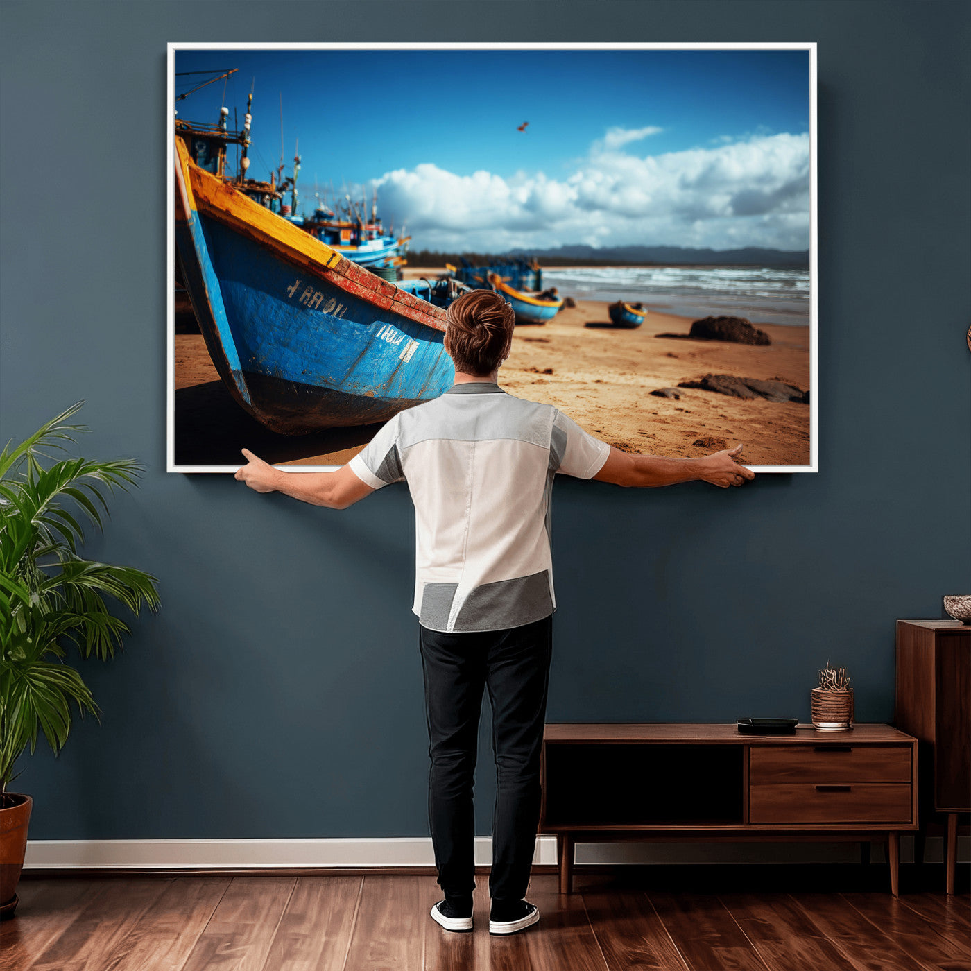 70925201-MGV-CV-36X24 - Fishing Boats Wall Art Canvas Print, Coastal Boat Beach Scene, Nautical Seaside Artwork, Ocean Shore Decor, Coastal Home Wall Art