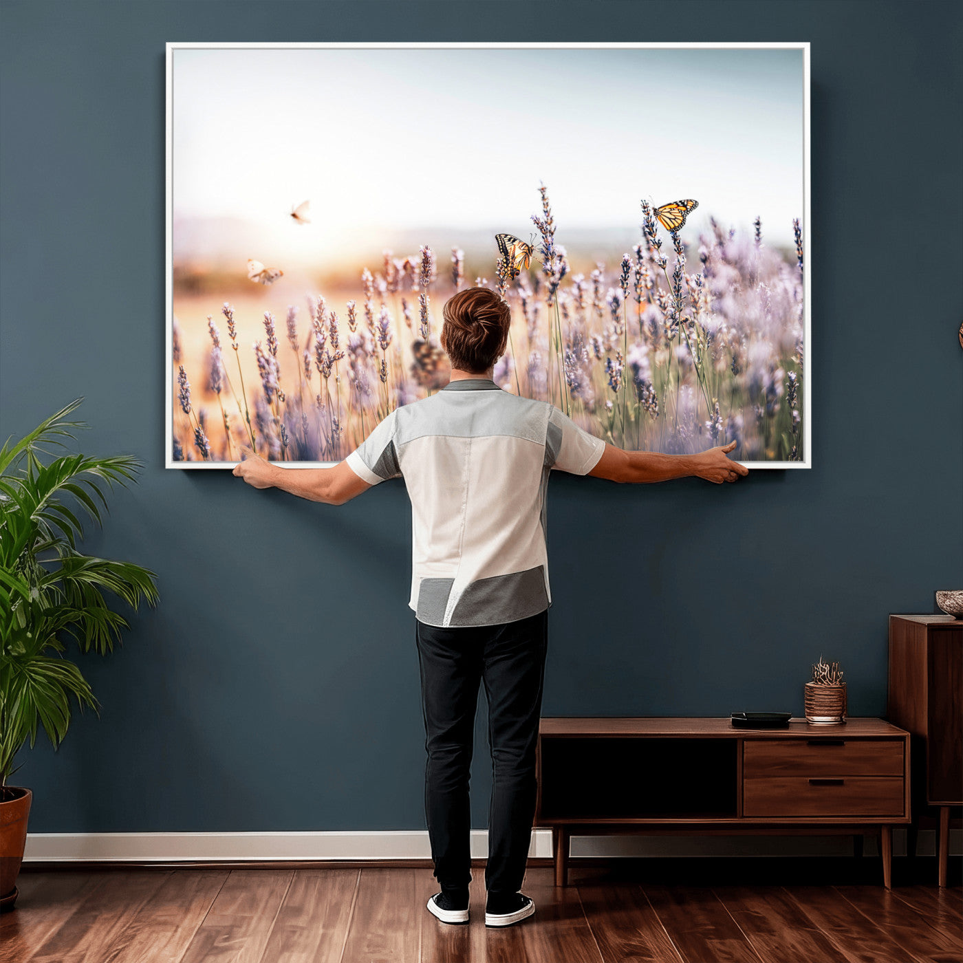 46417478-MGV-CV-36X24 - Lavender Field Wall Art Canvas Print, Butterfly Floral Landscape Art, Soft Nature Wall Decor for Bedroom