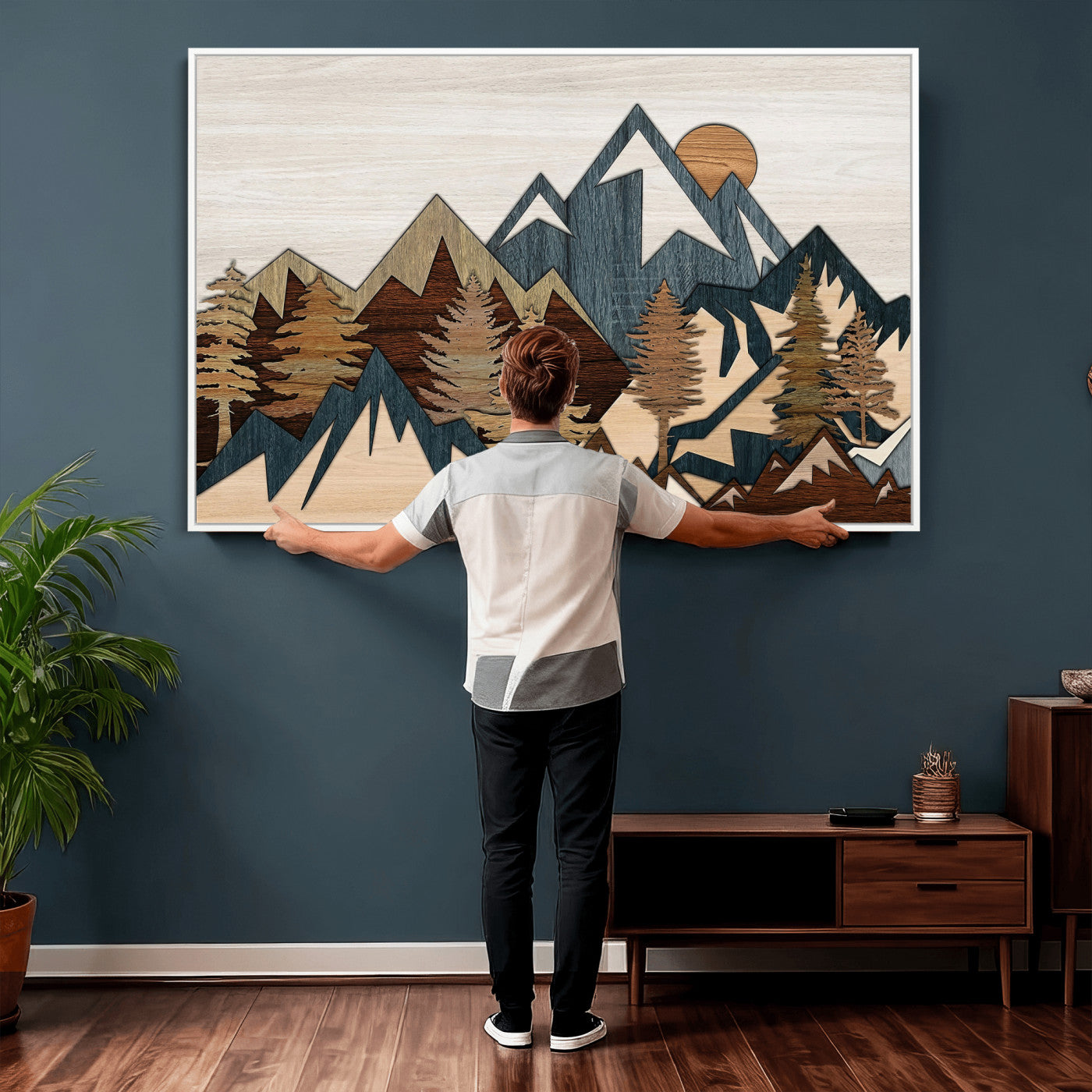 61833055-MGV-CV-36X24 - Mountain Forest Wall Art Canvas Print, Layered Wood Landscape Artwork, Rustic Nature Wall Decor for Living Room
