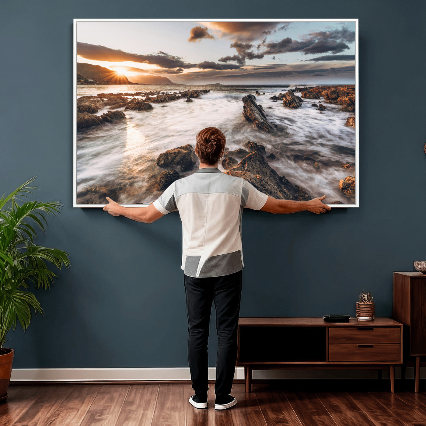 66746024-MGV-CV-36X24 - Rocky Coast Ocean Sunset Wall Art Canvas Print, Dramatic Seascape Nature Wall Decor for Living Room and Office