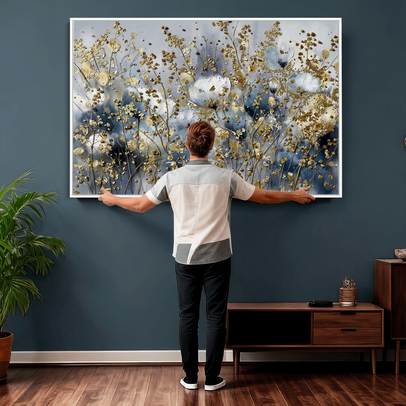 24499670-MGV-CV-36X24 - Abstract Floral Wall Art Canvas Print – Gold and Blue Botanical Artwork for Living Room, Bedroom, and Office Decor