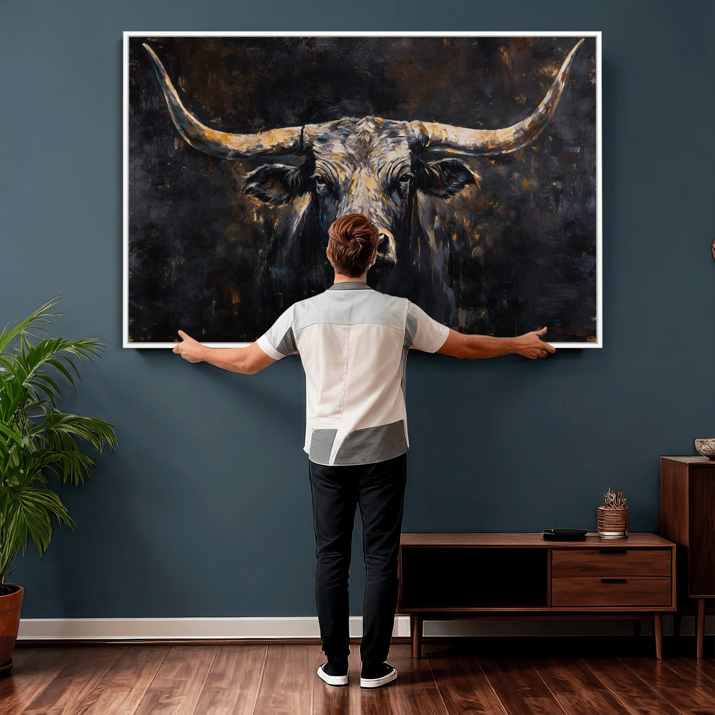 17622011-MGV-CV-36X24 - Abstract Longhorn Bull Wall Art Canvas Print – Dark Rustic Western Cattle Artwork for Farmhouse, Ranch, Cabin, and Office Decor