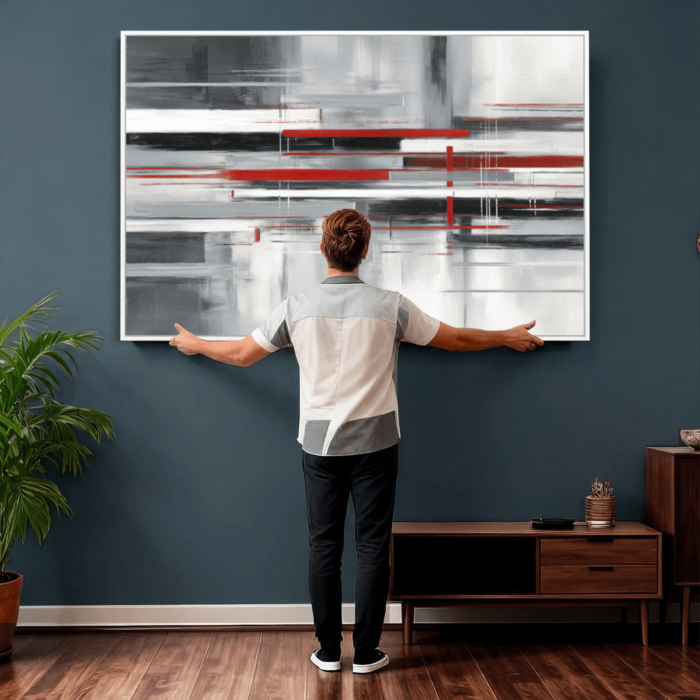 62640681-MGV-CV-36X24 - Gray Red Abstract Wall Art Canvas Print, Modern Abstract Canvas Wall Decor for Contemporary Living Room and Office