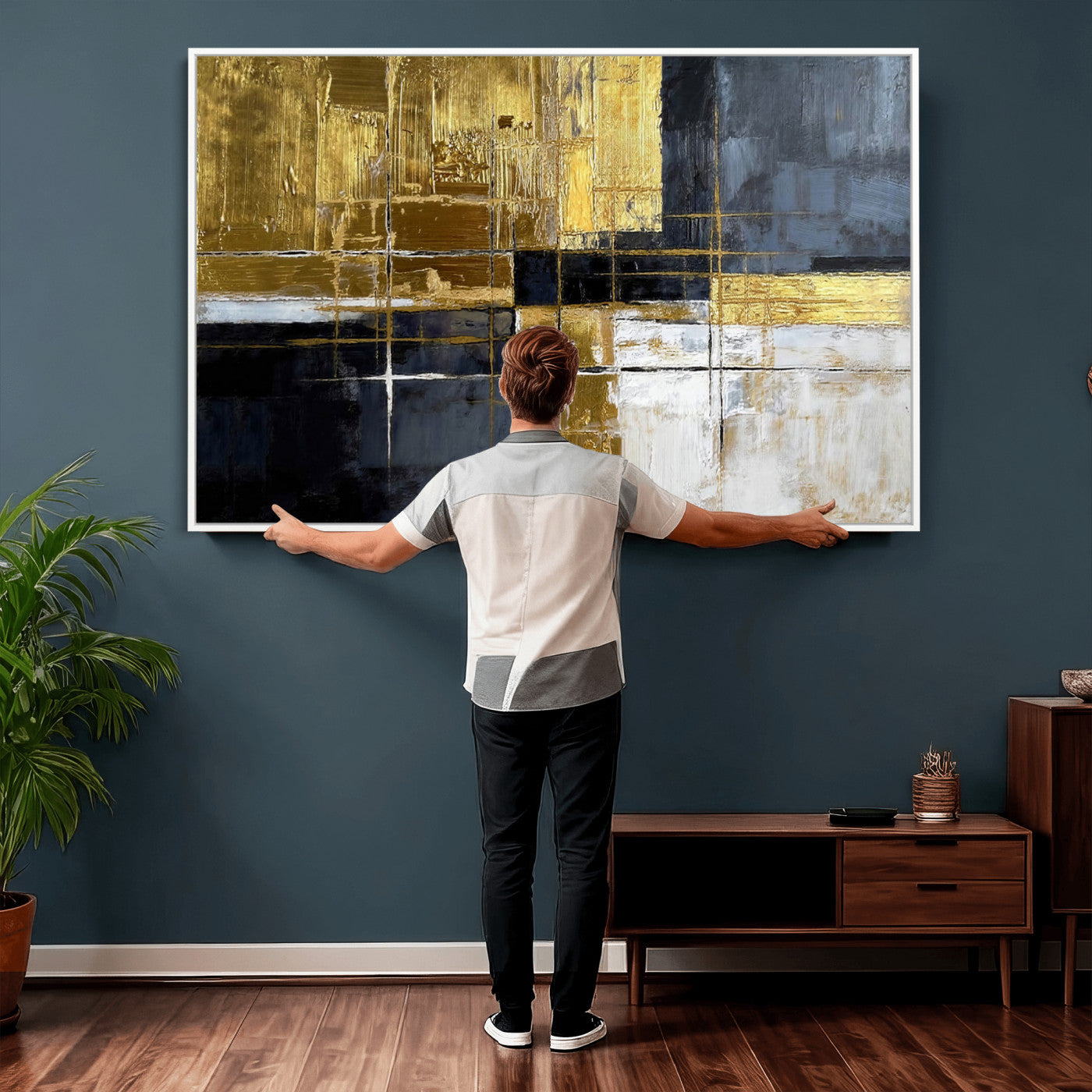 76917030-MGV-CV-36X24 - Gold Navy Abstract Wall Art Canvas Print, Modern Luxury Geometric Painting Wall Decor for Living Room and Office