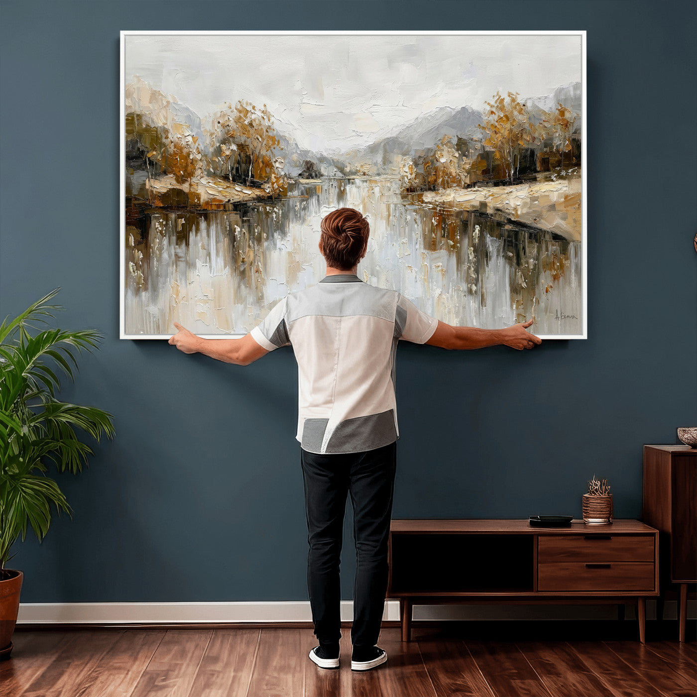 78227690-MGV-CV-36X24 - Neutral Abstract Lake Landscape Wall Art Canvas Print, Modern Minimal River Reflection Canvas Print, Beige Gray Contemporary Nature Art Printing